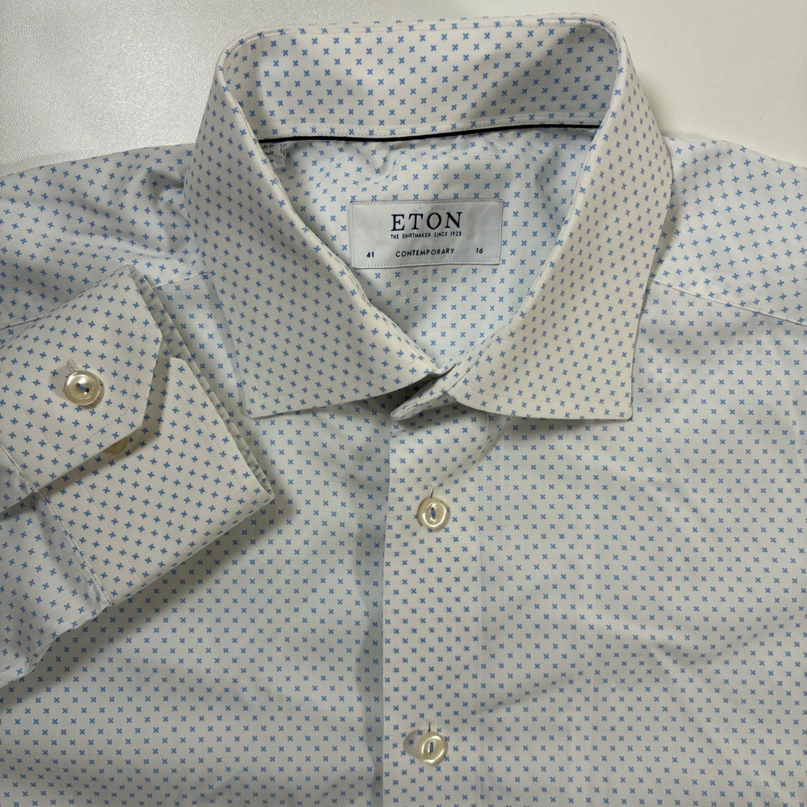 Eton Dress Shirt 16 White Blue Geometric Micro Cross Contemporary Fit