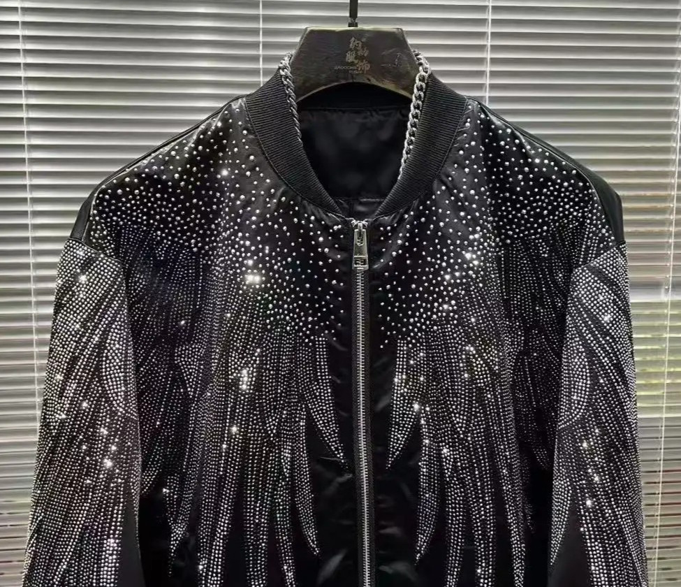 New Men Luxury Diamond Wings Rhinestones Fashion Black Jacket Coat High Quality