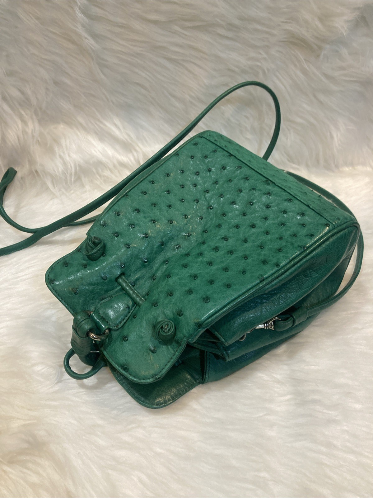 Ostrich Leather Shoulder Bag Green Crossbody Purse Women’s 17cm Vintage