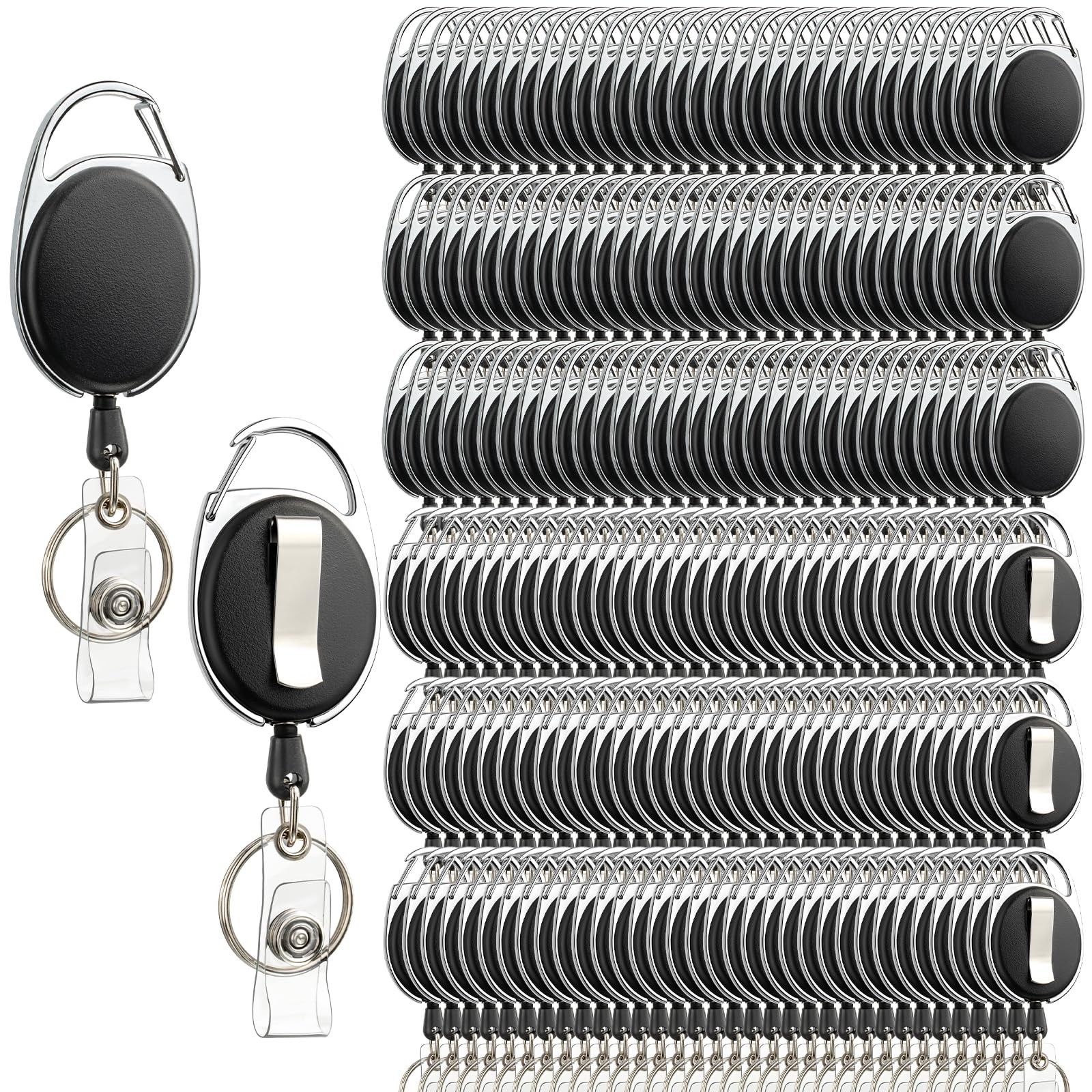 200 Pack Heavy Duty Retractable Badge Reels with Carabiner Clip & Key Ring – ID