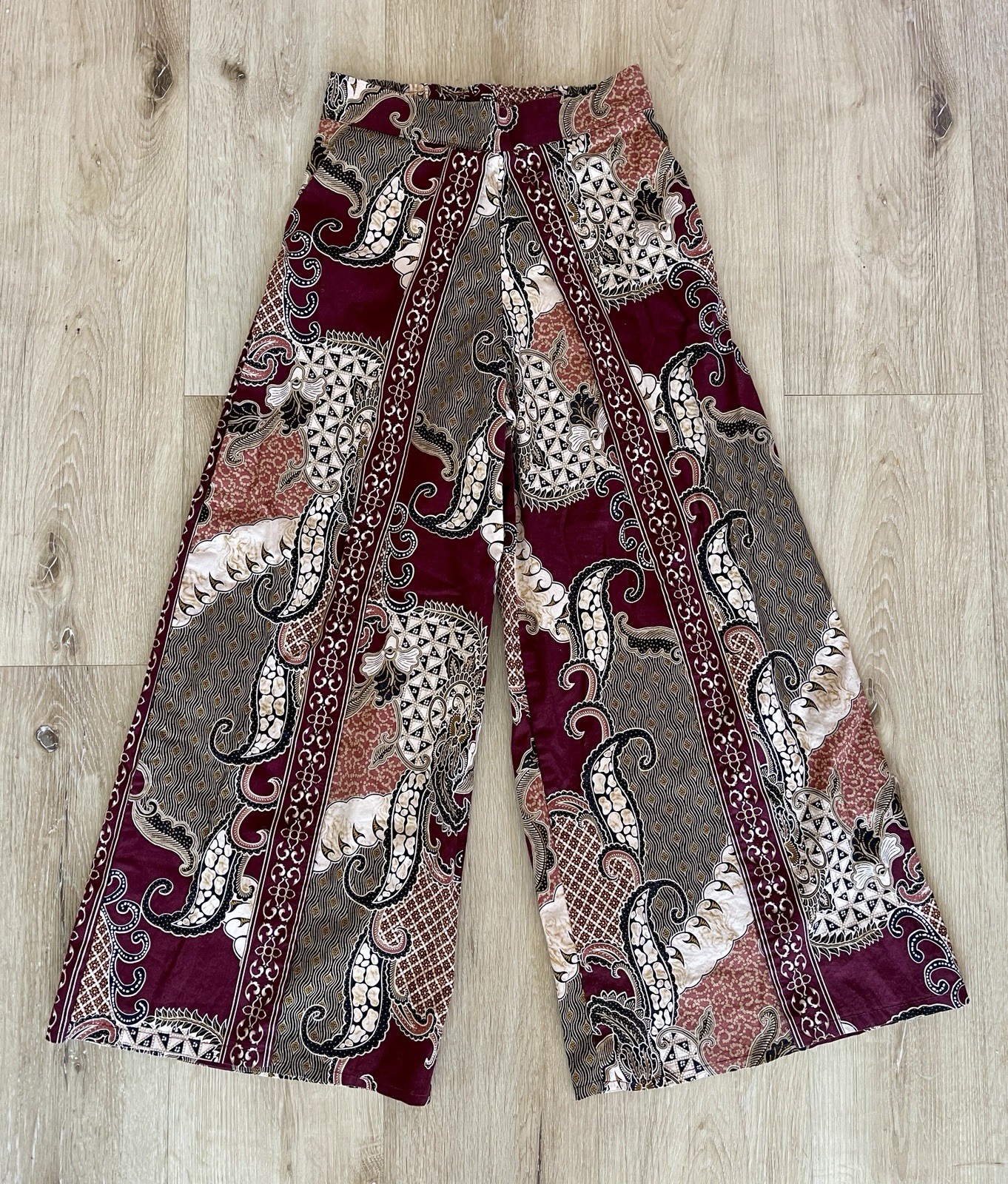 Malaysian Batik Wrap Pant XS Burgundy Boho, Stretch Waist, Wide Leg With Pockets