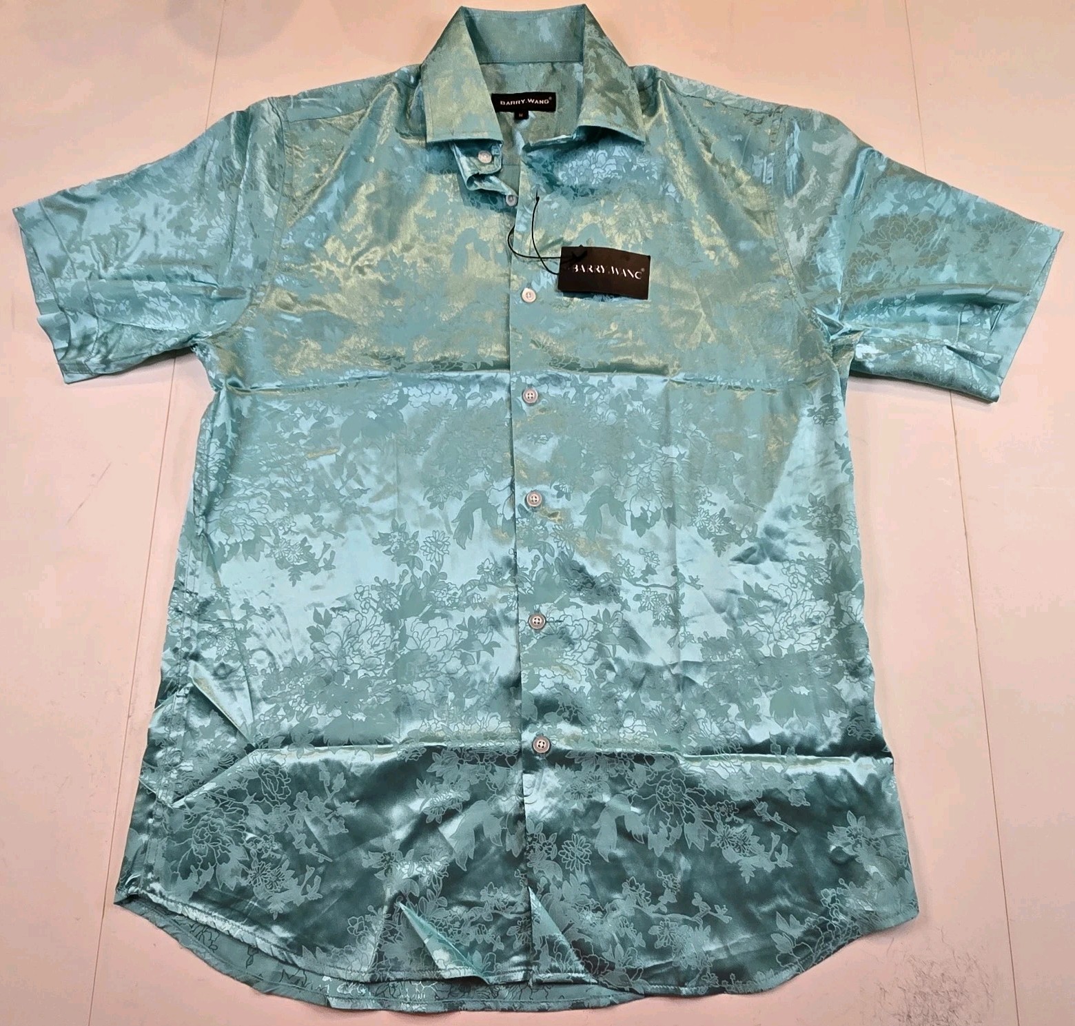 NWT Barry Wang Short Sleeve Shirt Mens M Button Turquoise Paisley Pattern