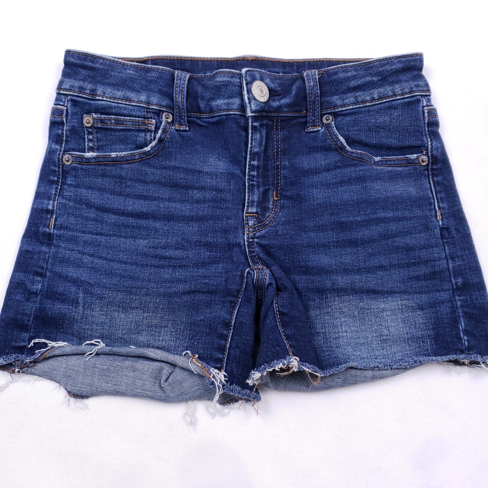 American Eagle Shortie Denim Shorts 26 in Blue Frayed Hem Coastal Cowgirl Chic