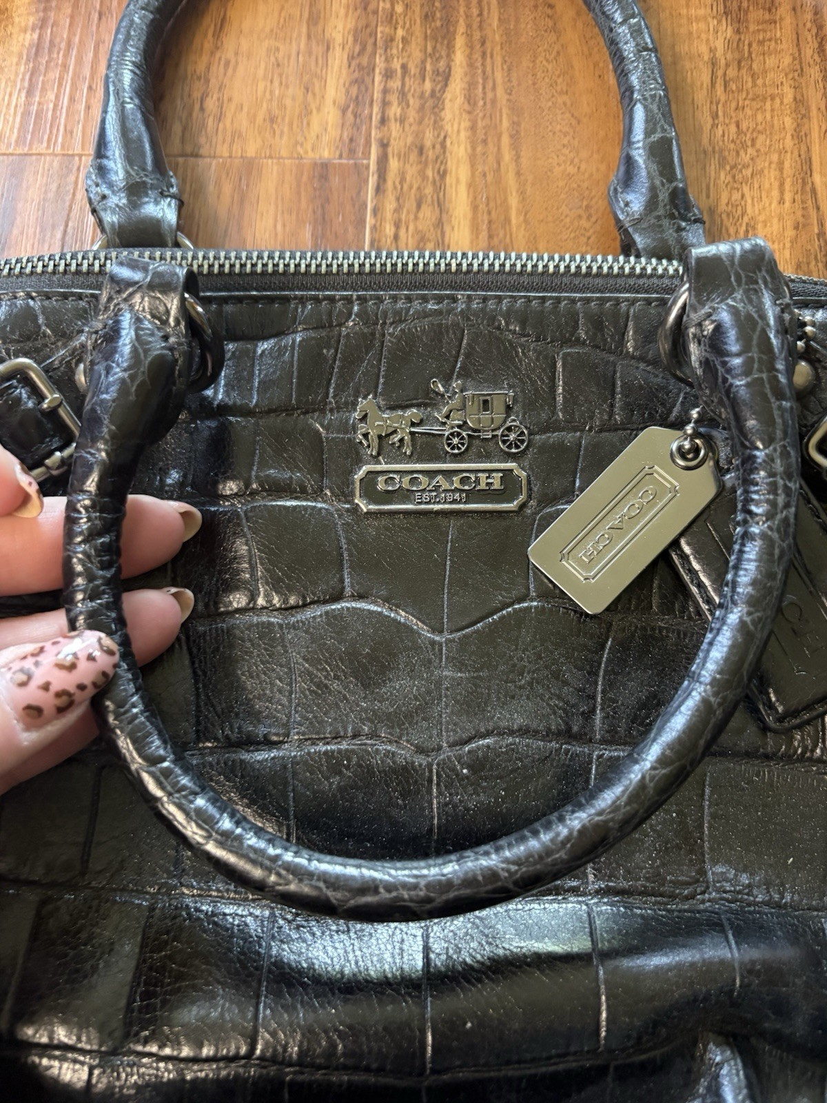 Coach 15924 Madison Embossed Sophia Bag Black With Purple Lining With Charms