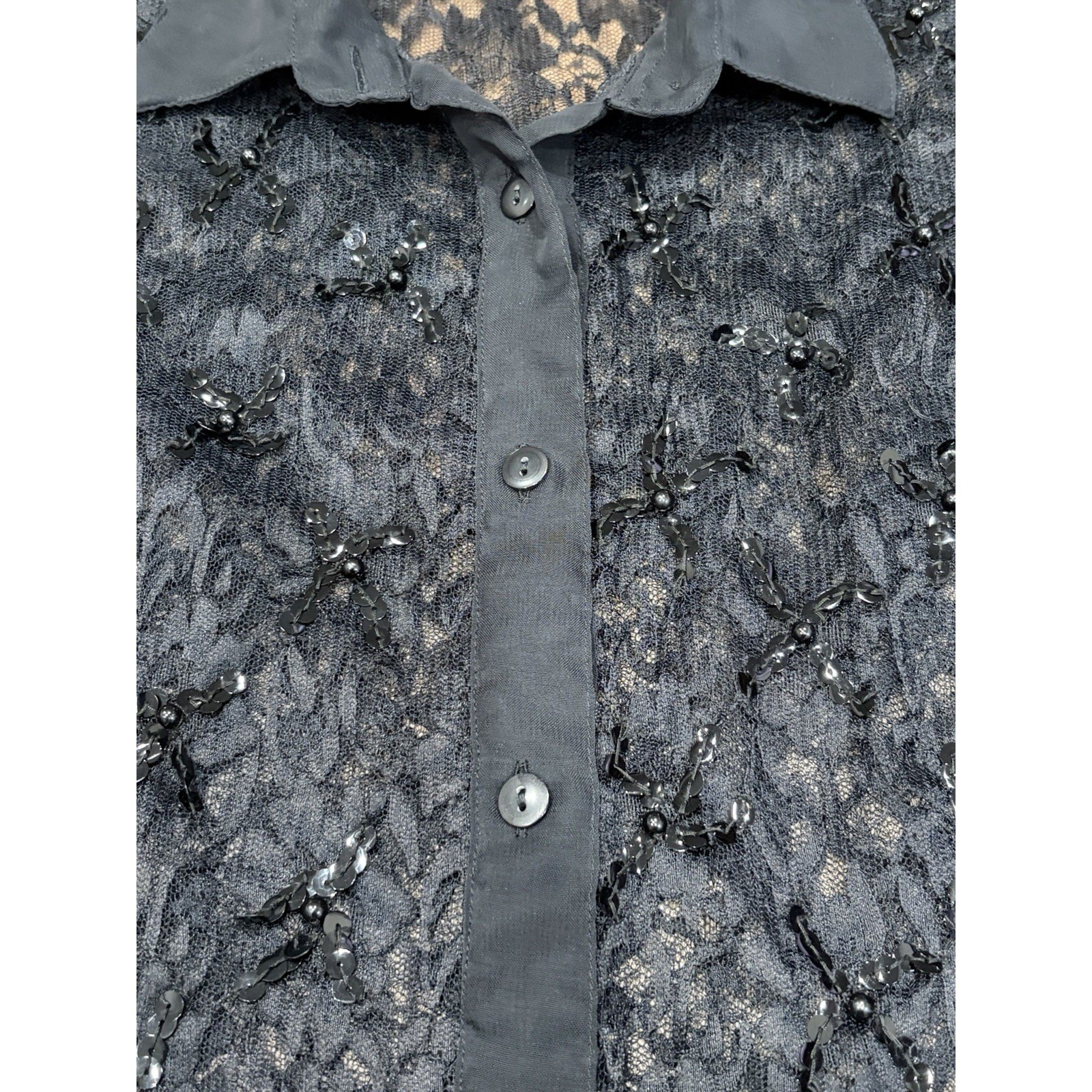 Effeci Womens Lace Sheer Button Up Top Sequins Gothic Dark Romantic Black Small