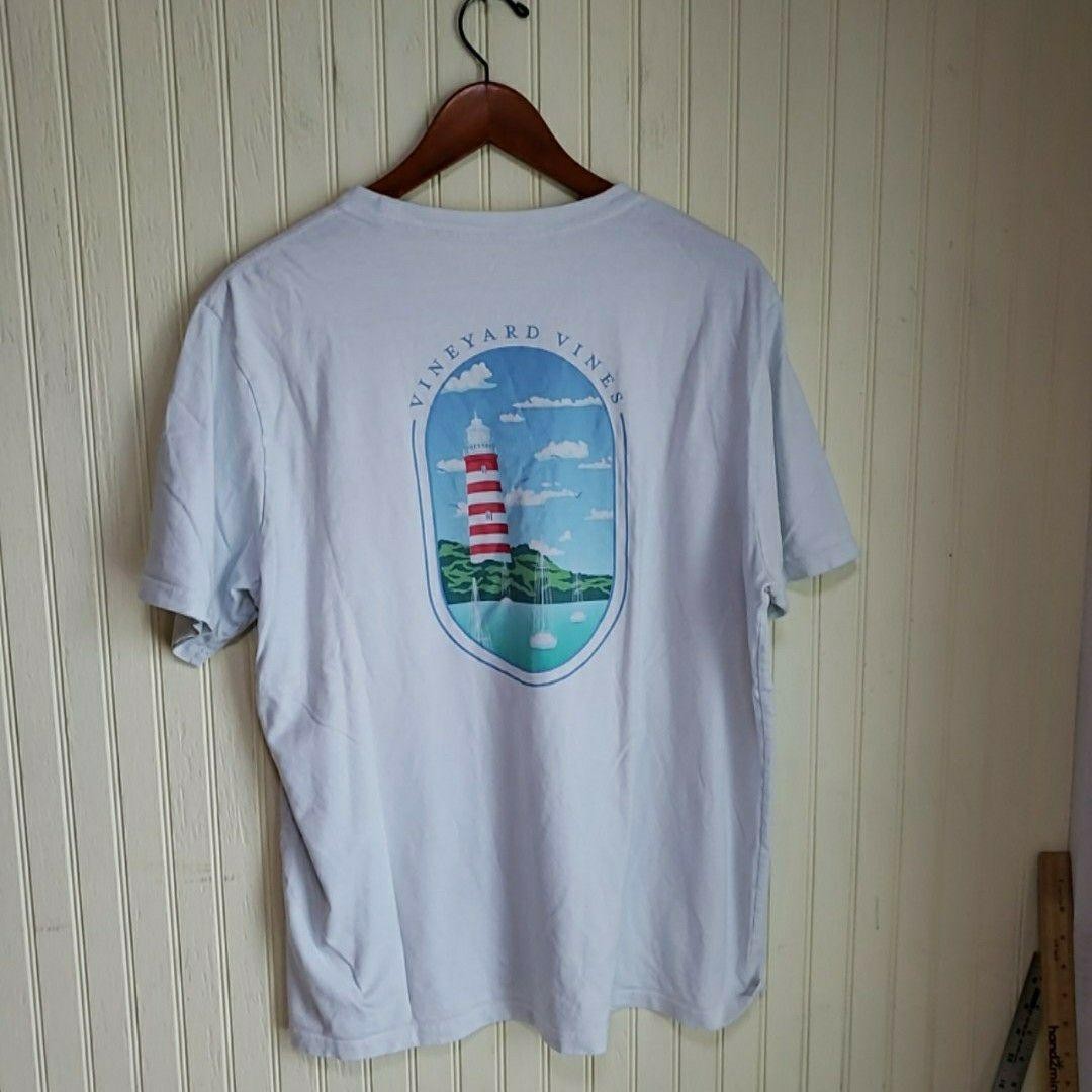 Vineyard Vines Shirt Mens Large Light Blue Lighthouse Pocket Graphic Tagless Tee