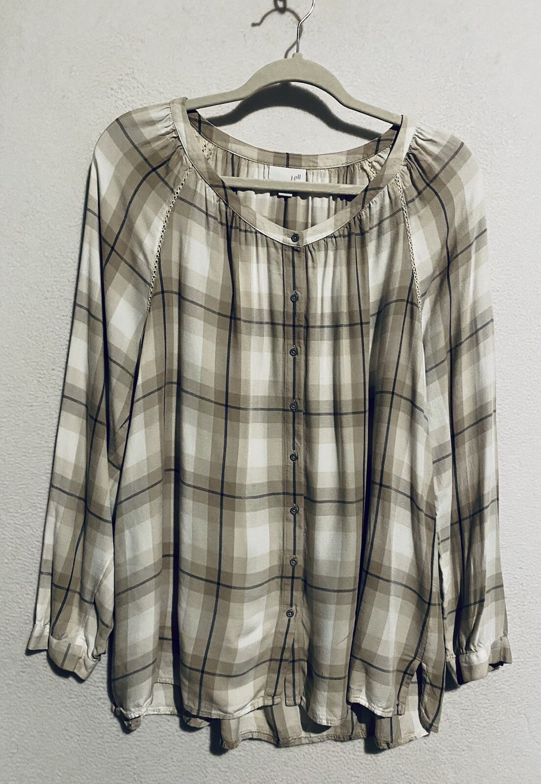 J Jill Top Womens Large Brown Plaid Crochet Trim Prairie Western Cottagecore