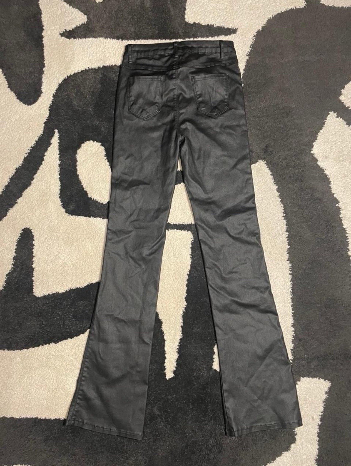 Black Faux Leather Pants M Regular Flared Mid Rise Pockets Button Flat Front