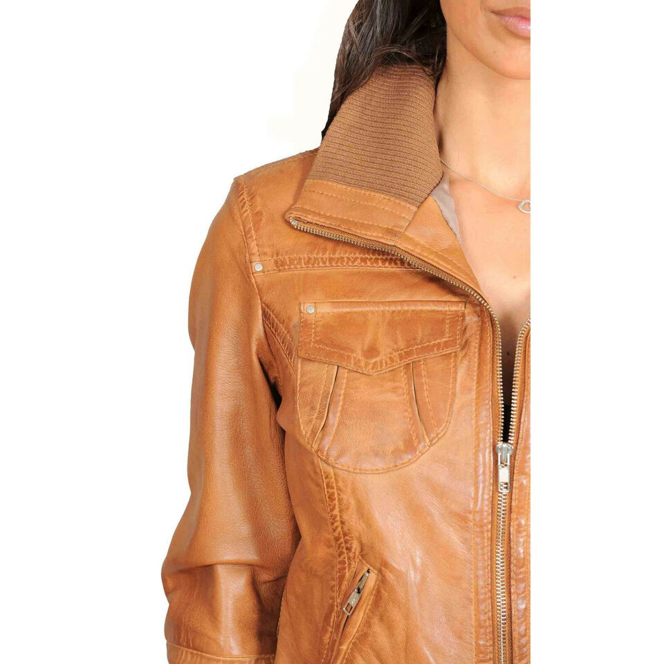Women’s Tan Bomber Leather Jacket Pure Soft Lambskin Causal Wear Coat Jacket