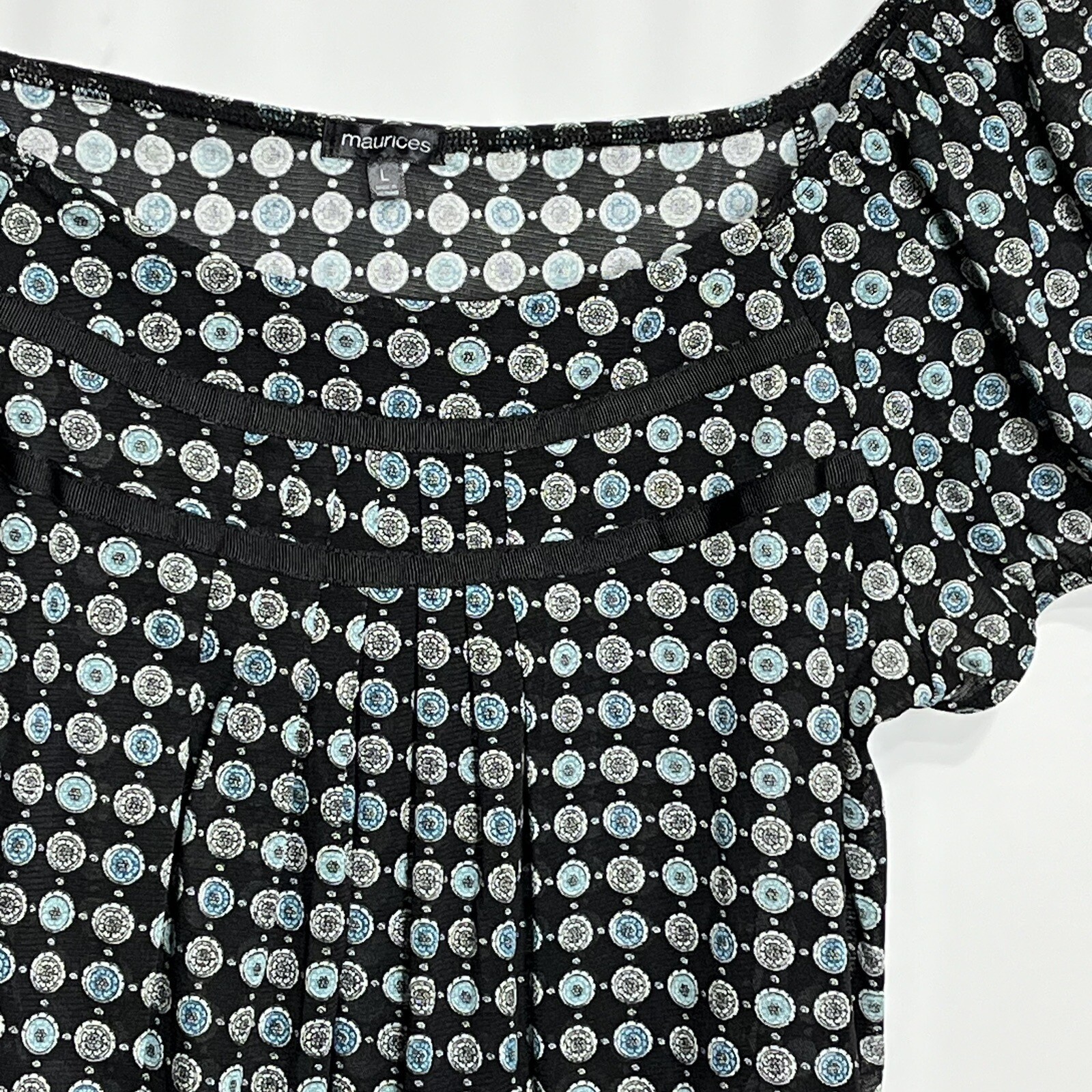 Maurices Womens Top Black Geometric Print Square Neck Short Sleeve Smocked Hem L