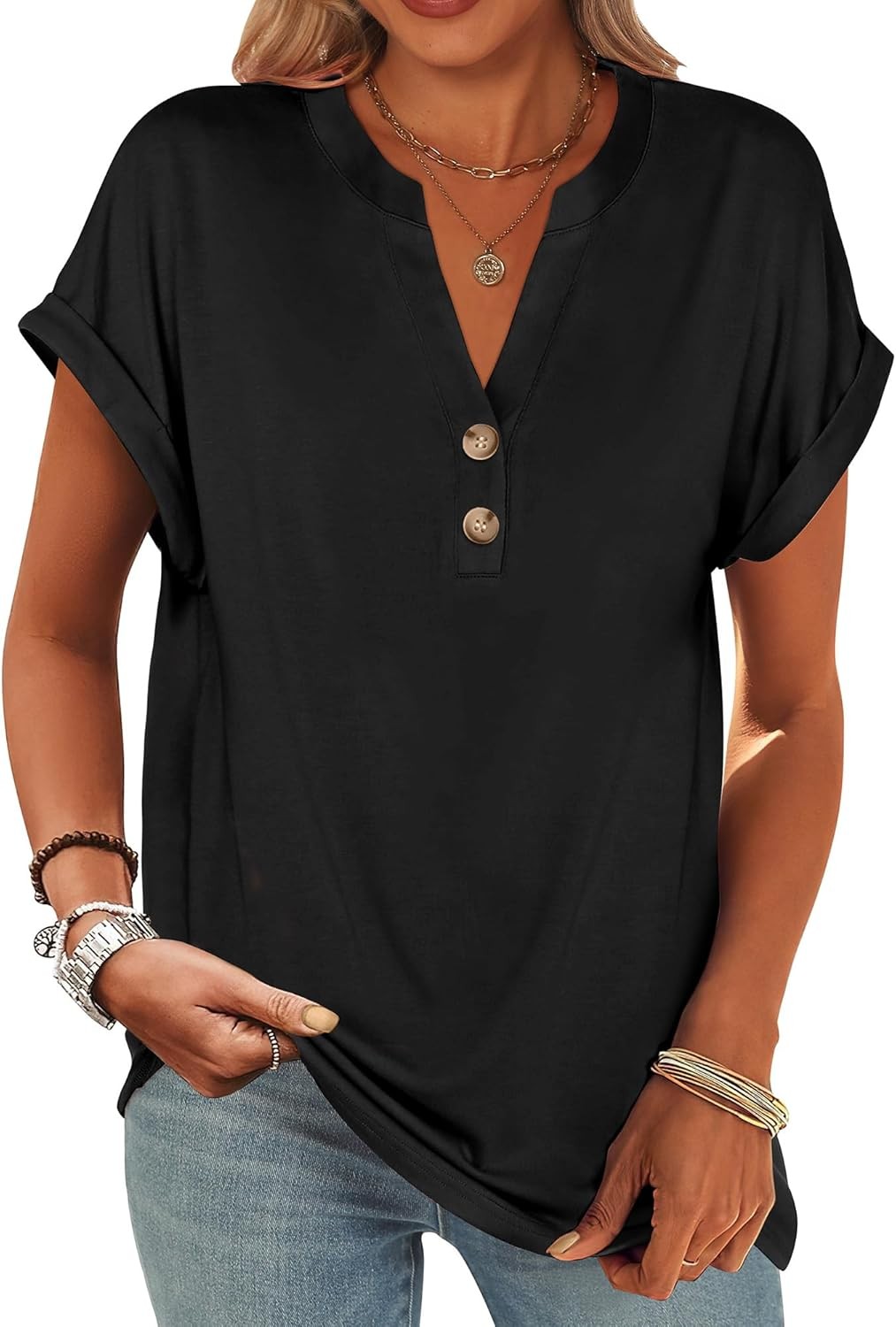 Womens Henley V Neck Short Sleeve Loose Fit Casual Summer Tunic Blouse Top
