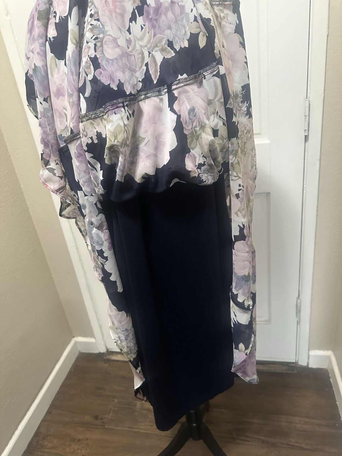 Connected Apparel 22W Navy Purple Floral Chiffon Maxi Dress V-Neck Ruffle