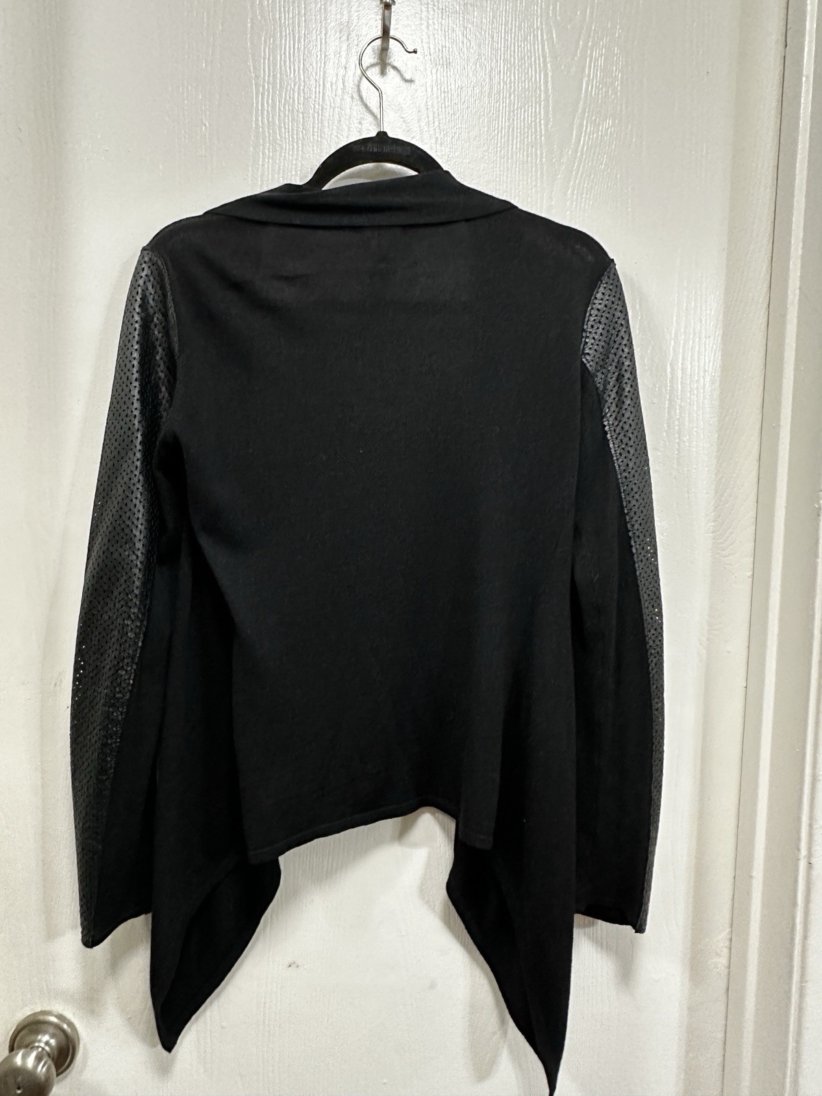 Neiman Маrсus Cardigan Black Open Leather Sleeve Angora Cashmere Luxury size XS