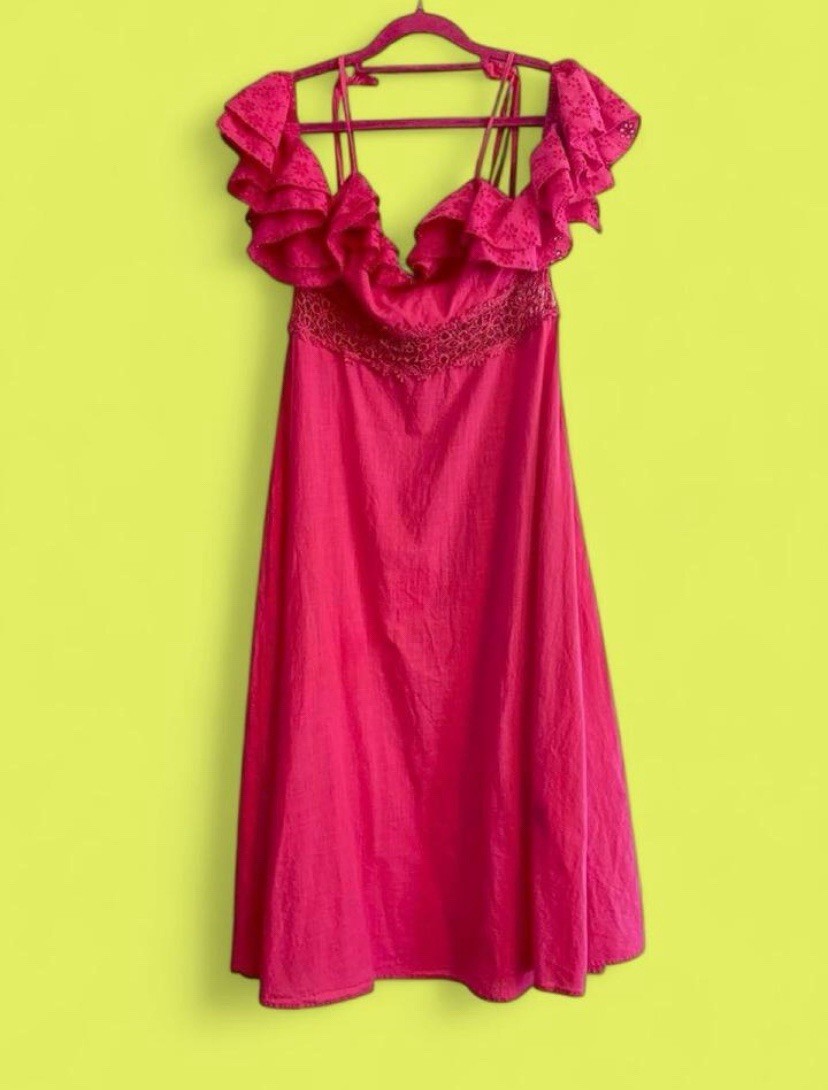 SheIn Pink Eyelet Ruffle Embroidered Strappy V-Neck Midi Slip Dress L