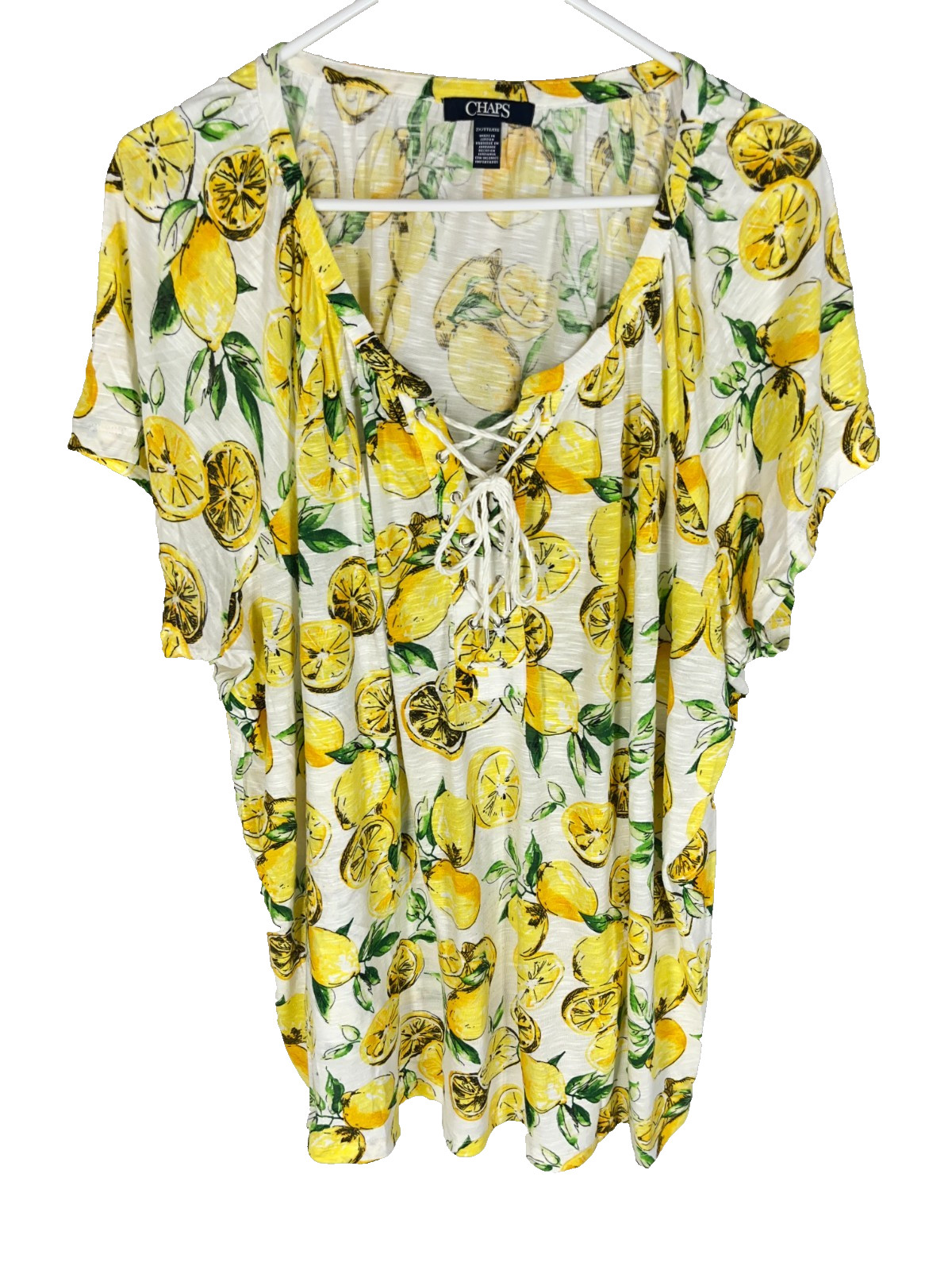 Chaps Top Womens 2X Lemon Print Lace Up Slub Knit Short Sleeve Beachy Boho