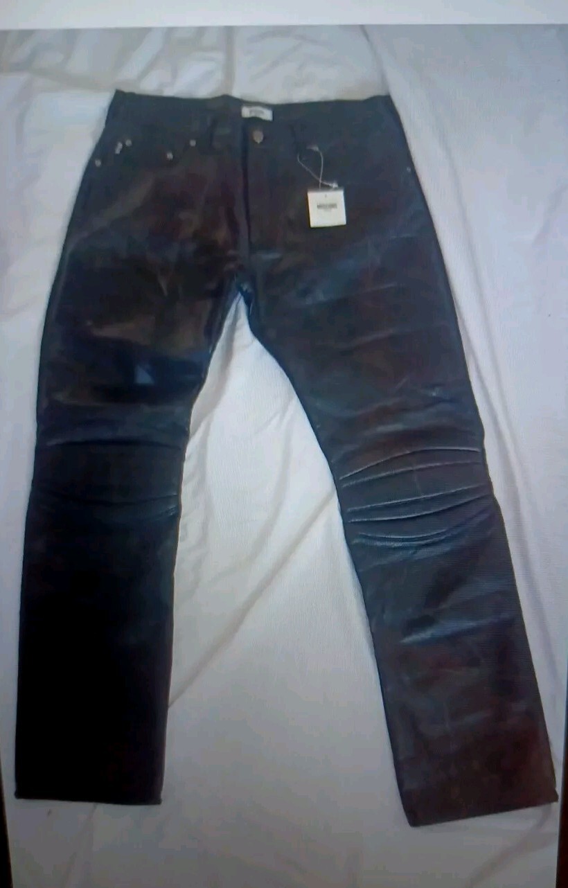 with tags Moschino Peace Biker Leather Pants Black Pockets and Buttons G2U