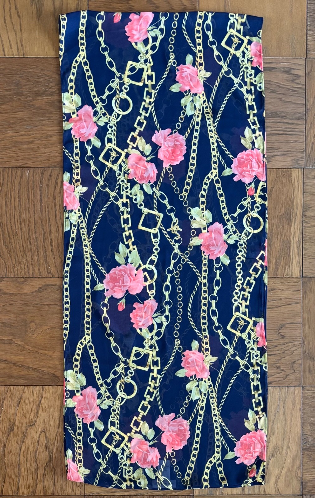 Susan Graver Infinity Scarf Navy Blue Background Pink Roses Chains 17×78 Inches
