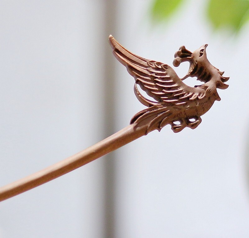 Peach Wood Carved Hair Pin Stick Phoenix Type Fork Updo Bun Boho Outfit Decor