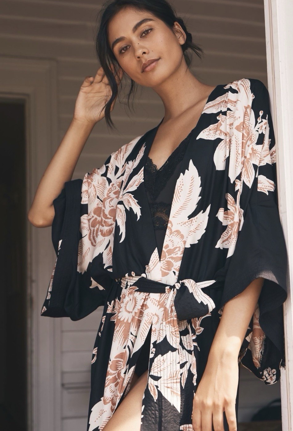 By Anthropologie Long Sleeve Duster Kimono Black+Pink Tropical Flower SZ 2X READ