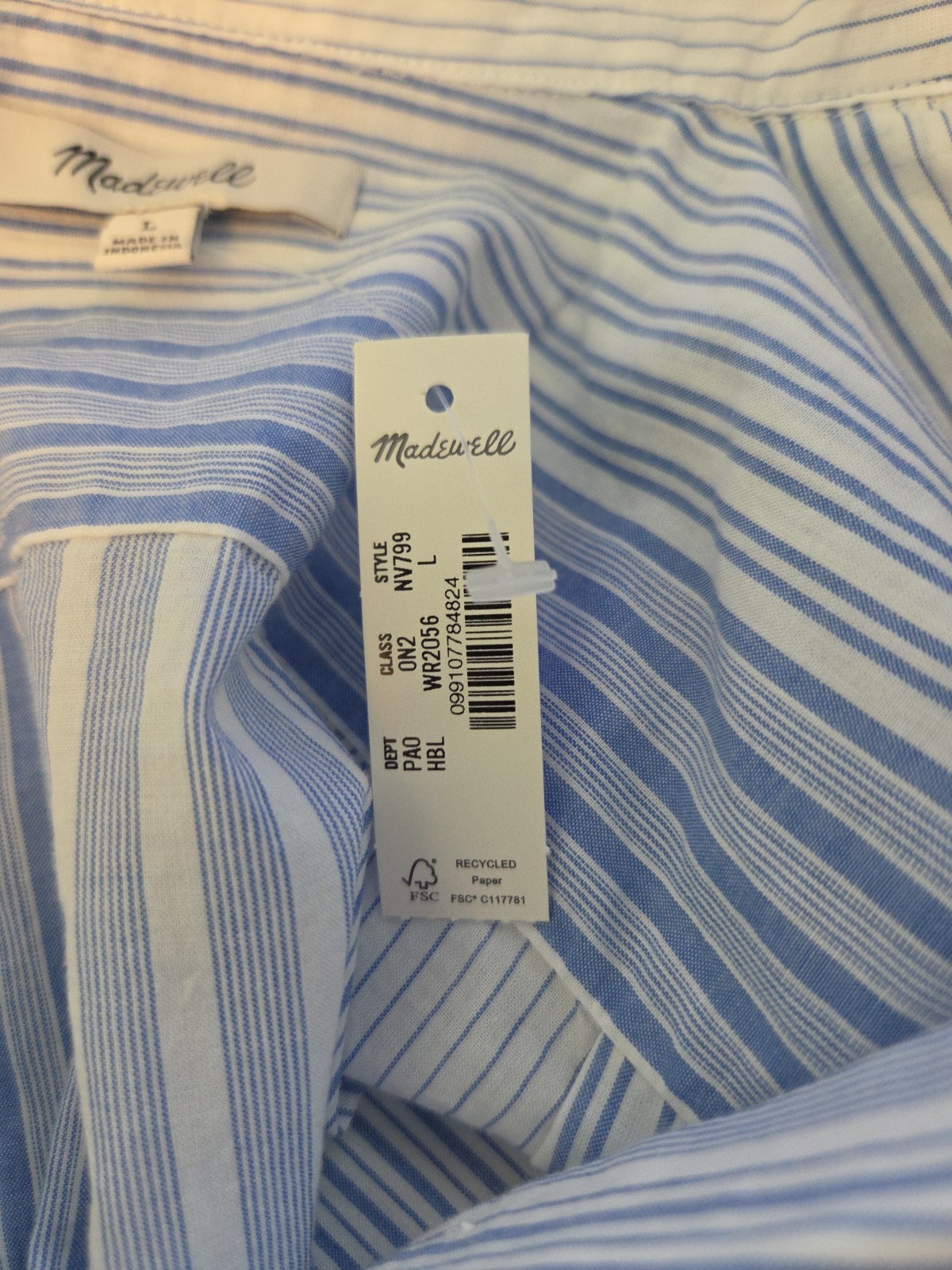 NWT Madewell 100% Cotton Blue Stripe LS Notch Collar Popover Shirt Women’s Large