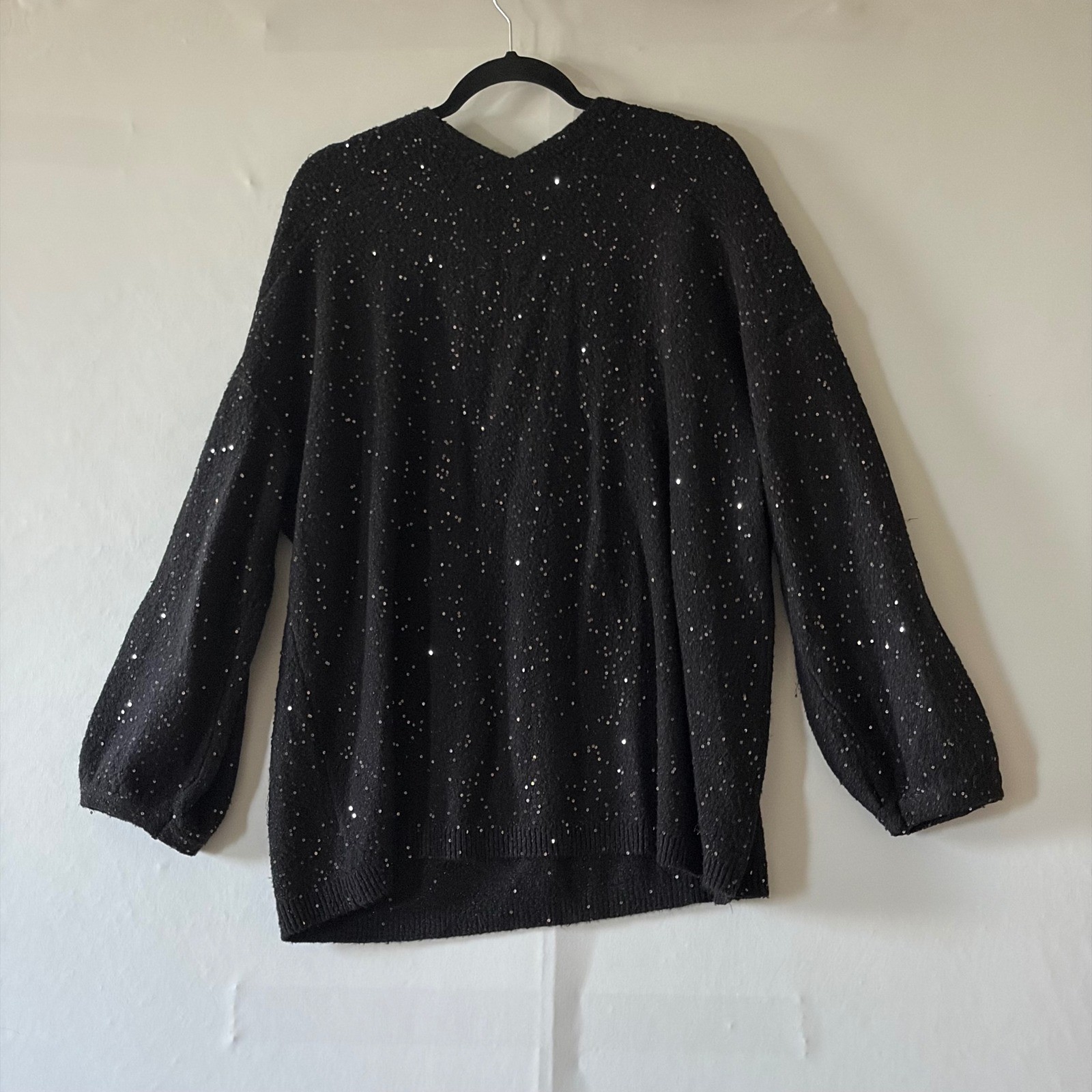 Loft Plus Womens 24/26 Black Sequin V-Neck Sweater Oversized Boucle Knit Sparkle