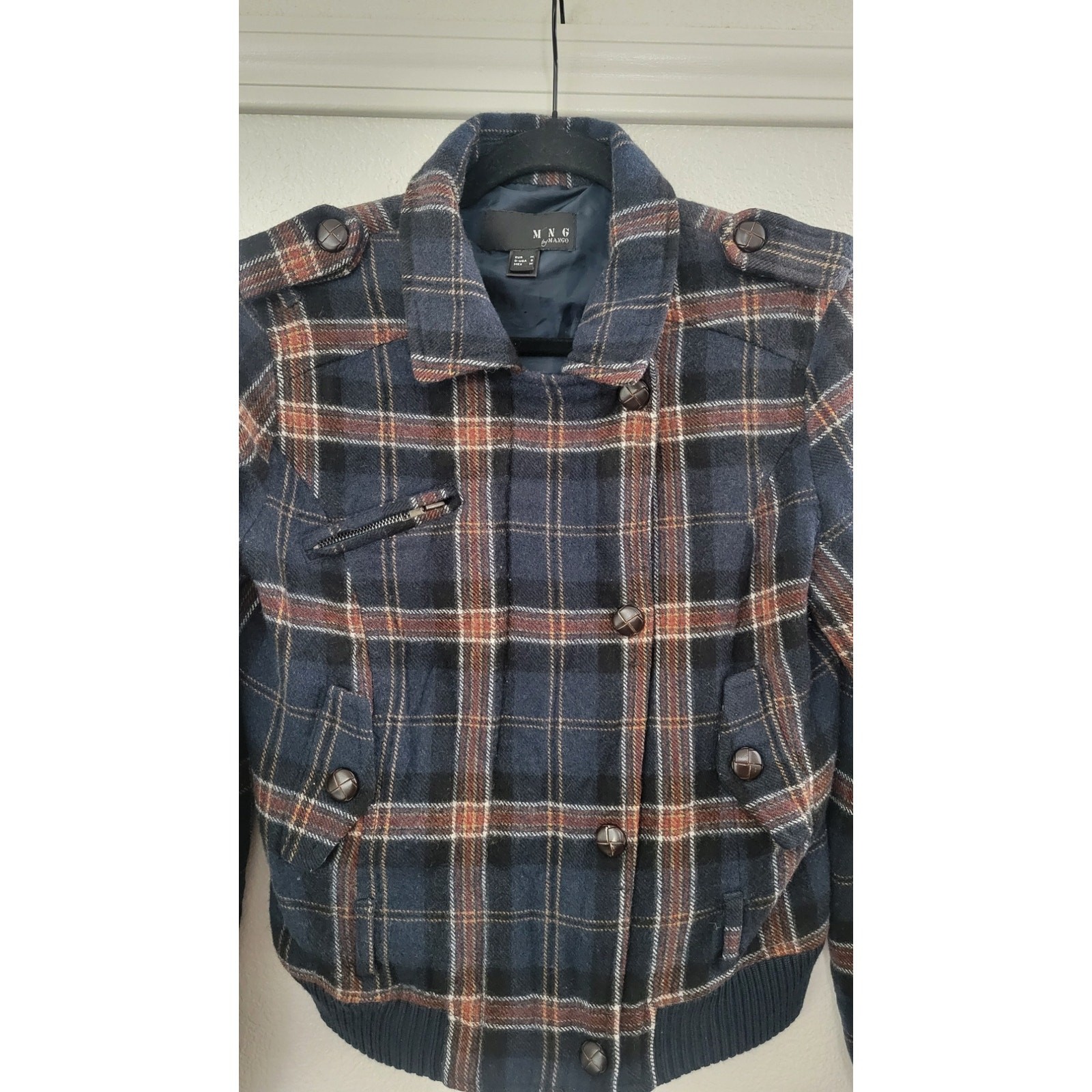 MNG by Mango Wool Blend Plaid Moto Jacket Women’s Small Blue Snap Zip Coat