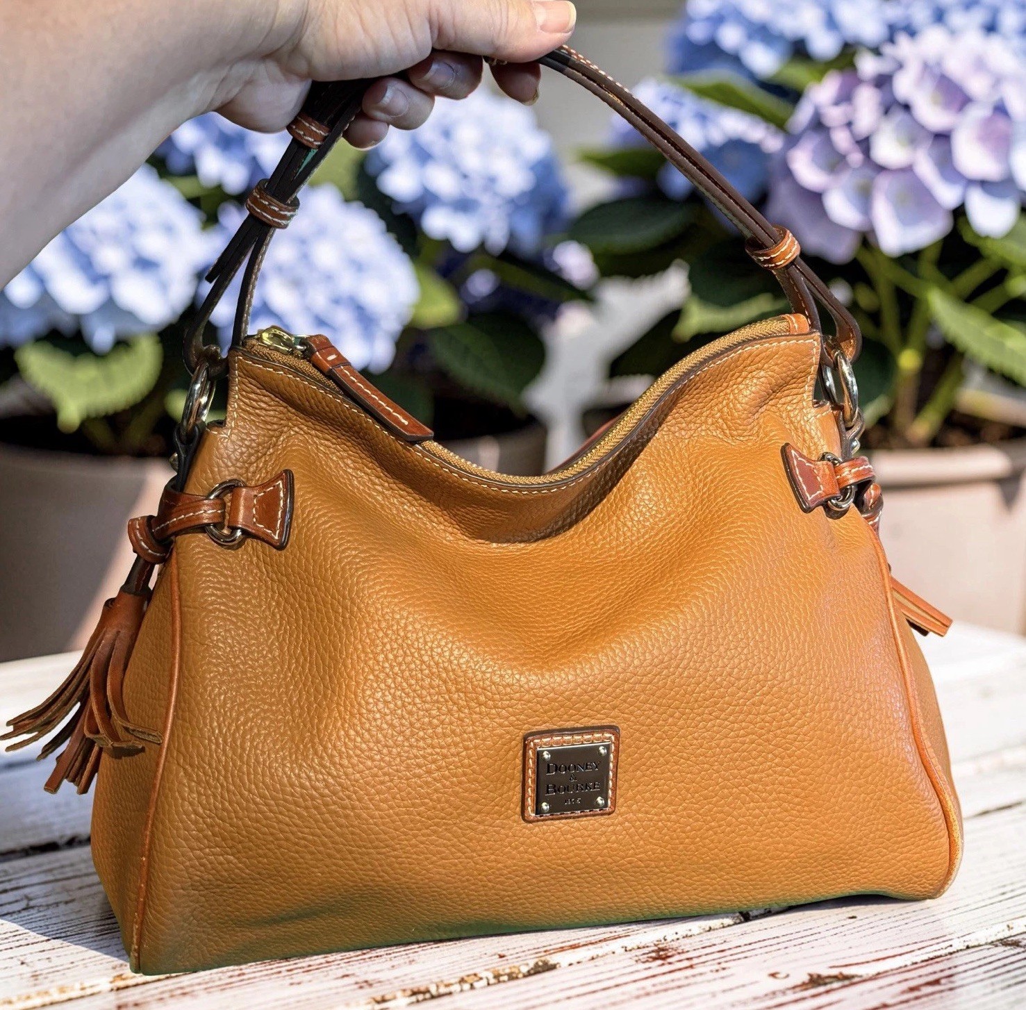Dooney Bourke Caramel Brown Hobo Zip Shoulder Bag Pebbled Leather