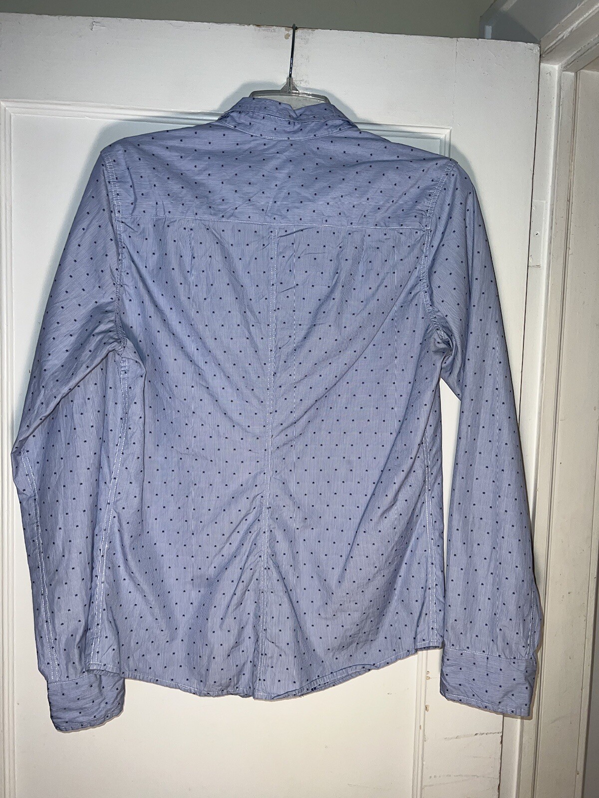 Frank & Eileen Barry White Blue Stripe Stars Cotton Shirt Size M. c747