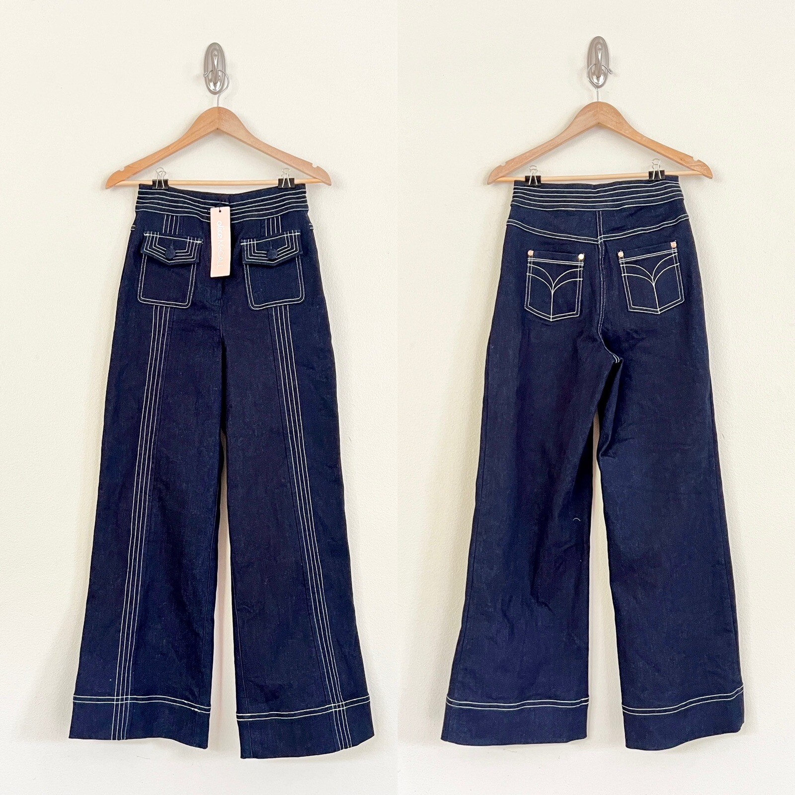 NWT ALICE MCCALL Deep Sea Indigo Blue Contrast Stitch Wide Leg Denim Pants US 4