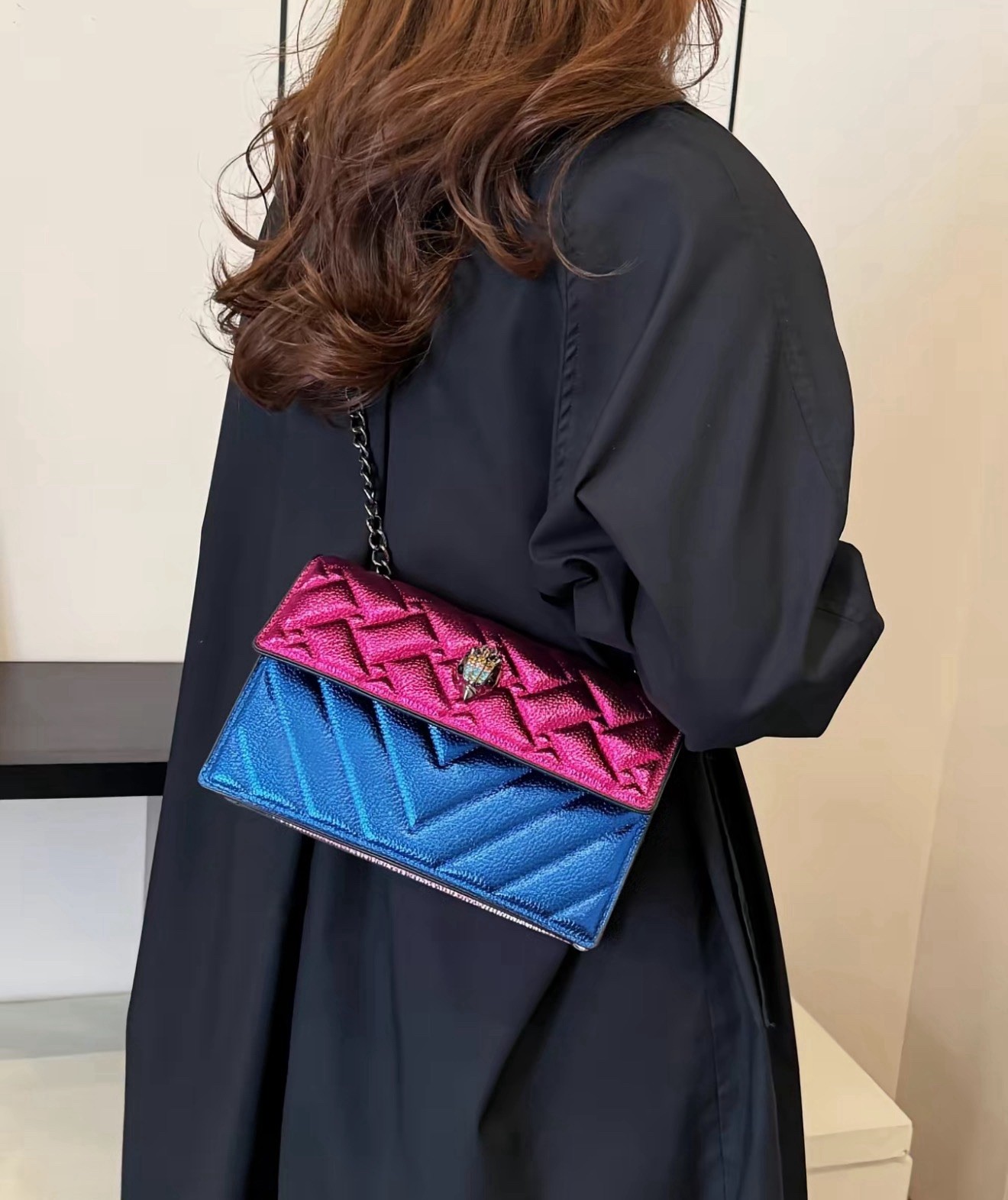 Women’s Small Multicolor Colorblock Quilted Flap Crossbody Bag, Chain Strap