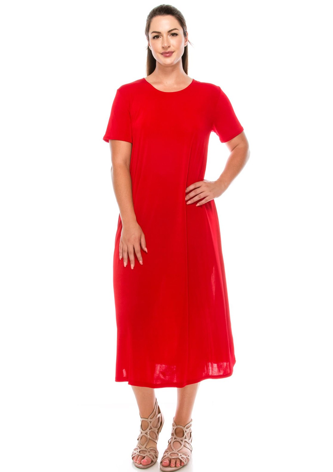 JOSTAR LONG DRESS Poly Spandex Slinky STRETCH Knit TRAVEL RED S M L XL 2X 3X
