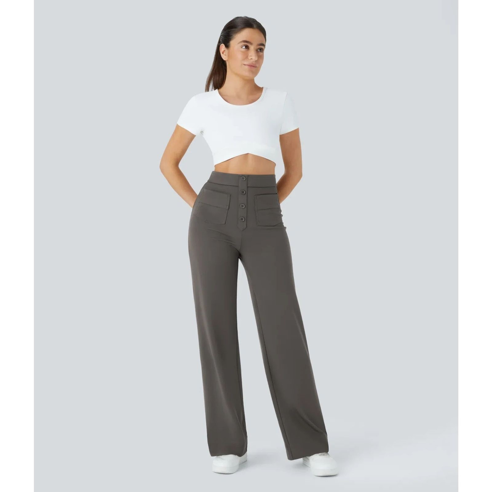 High Waisted Pockets Straight Leg Casual Pants ***XL Petite** Deep Red Grey