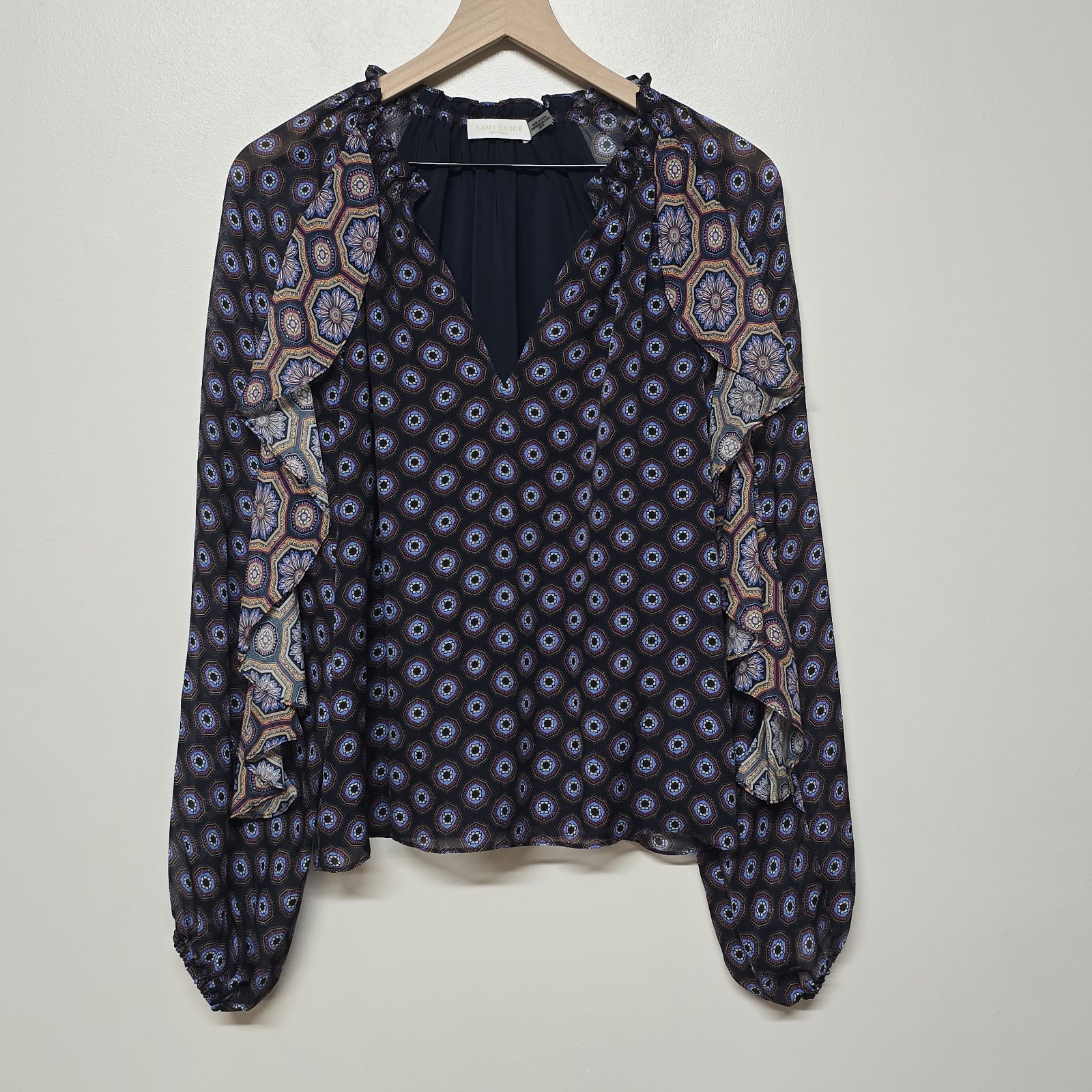RAMY BROOK Davie Size XS Blue Kaleidoscope Print V-Neck Long Sleeve Tunic Silk