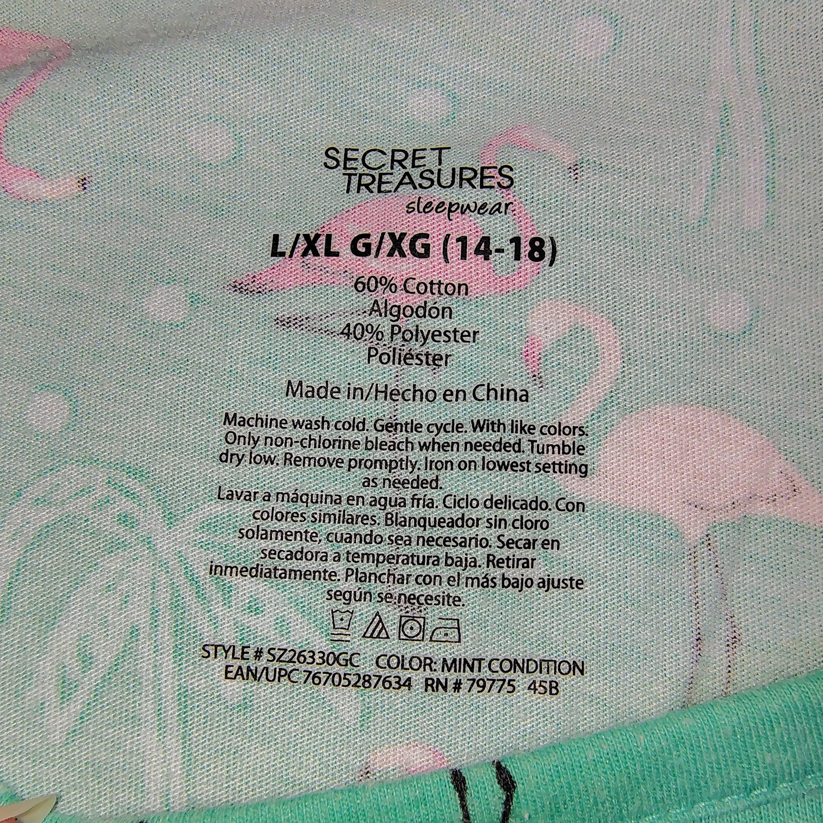 Secret Treasure Green Flamingos Palm Trees Sleepshirt Nightgown Nightshirt