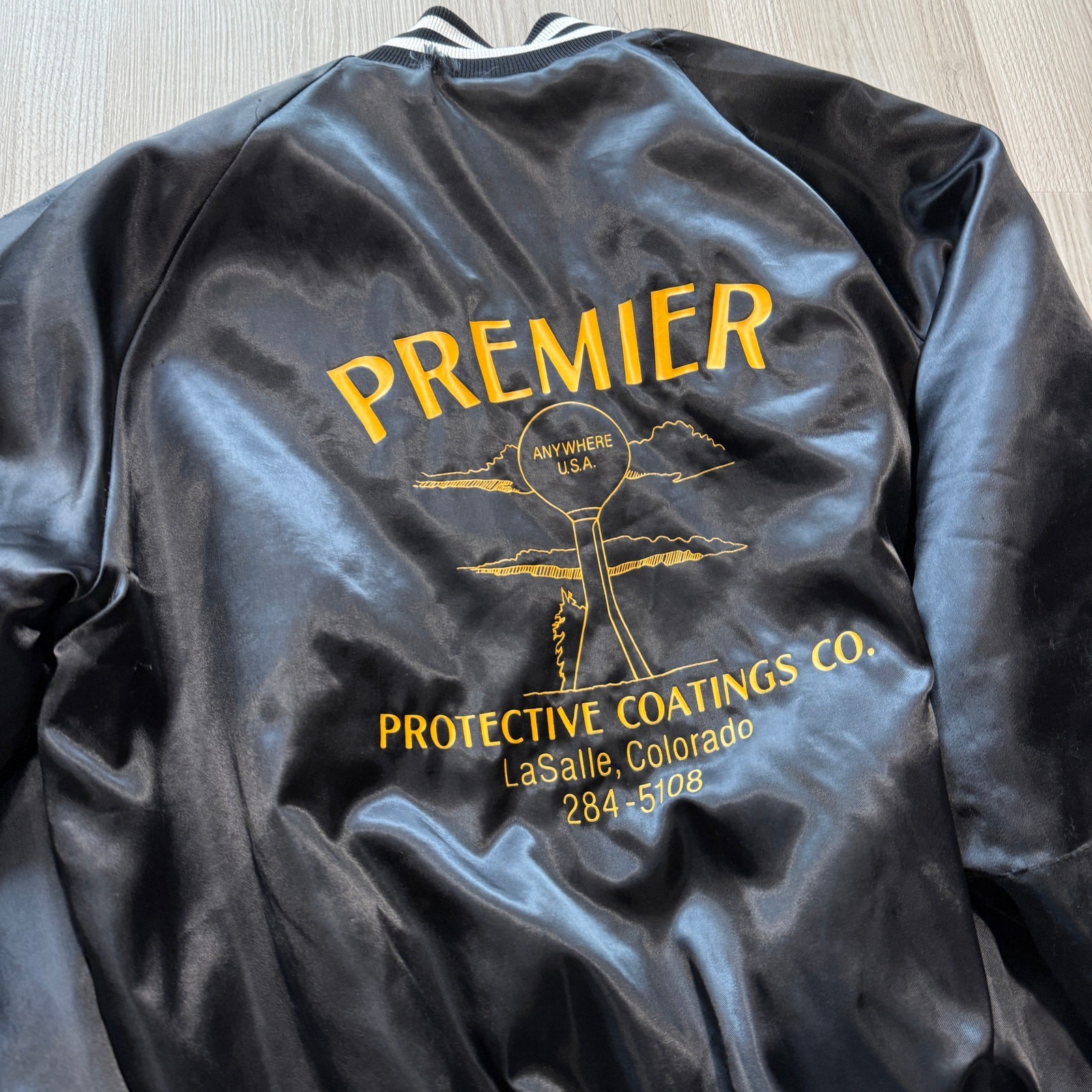 Vintage 90’s Premier Protective Coatings Black Satin Quilted Bomber Jacket Sz L