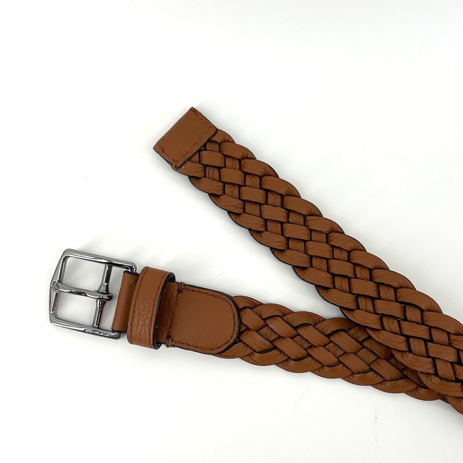 Michael Kors Mens Brown Braided Leather Belt Size 36 90cm Silver Buckle Woven