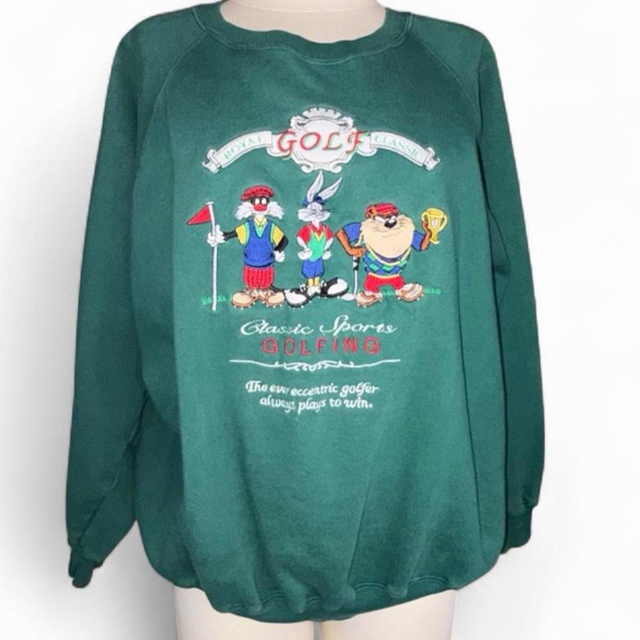 Vintage 90s Looney Tunes Golf Embroidered Green Crewneck Bugs Taz Sylvester Sz L