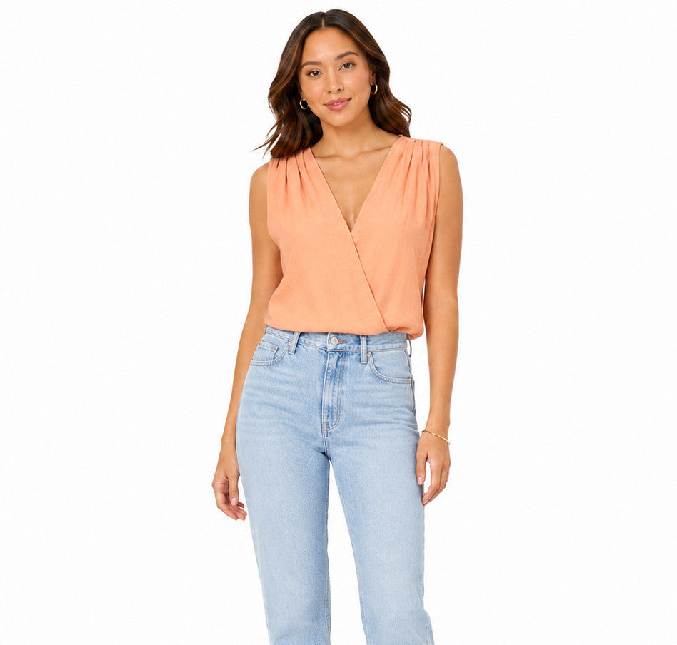 GILLI Size Small Orange Coral Pleated Snap Surplice Faux Wrap Bodysuit Blouse