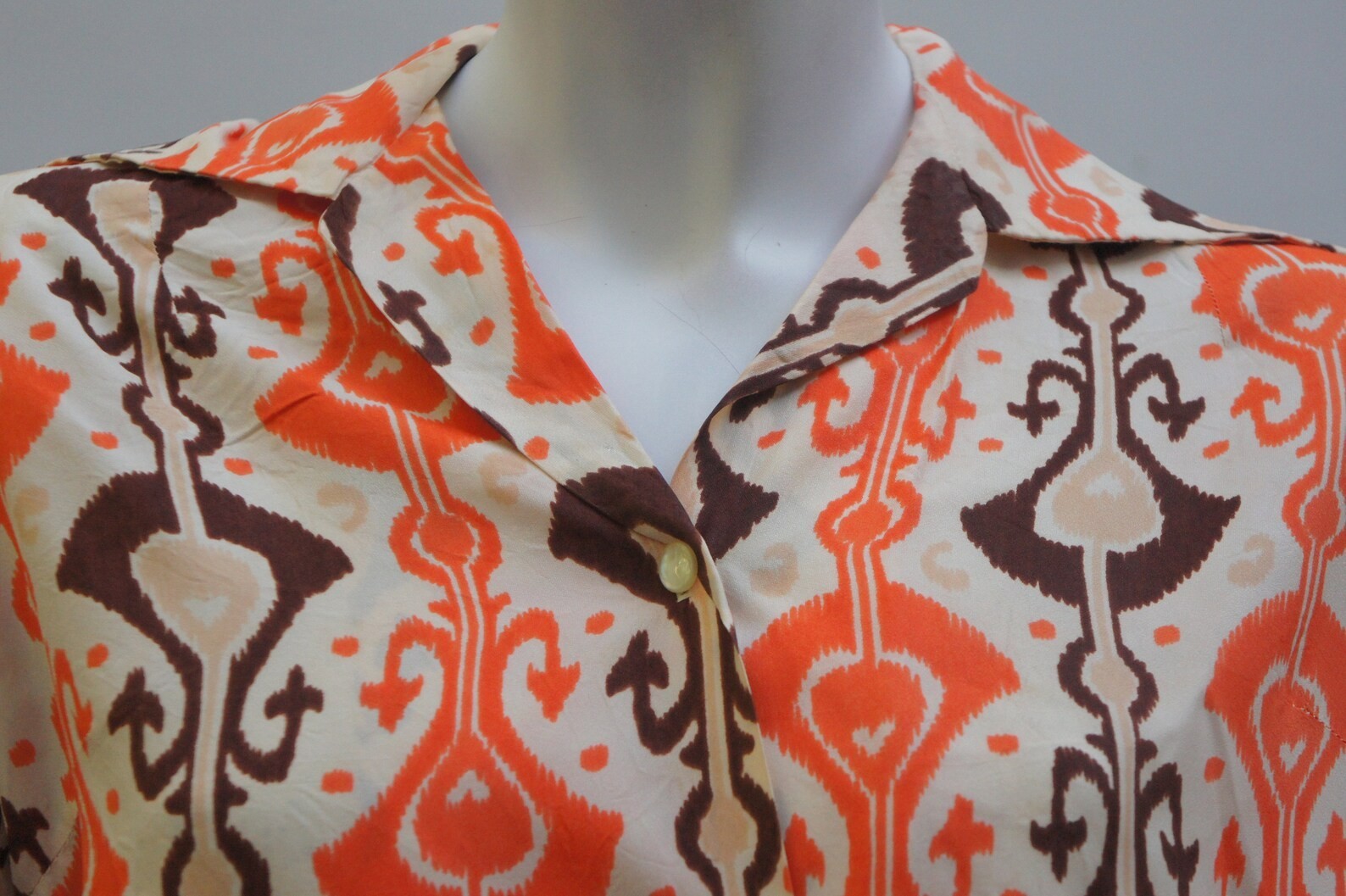 Vintage 60s Orange & Brown Damask Print Blouse Down Shirt Boho Retro Hippie
