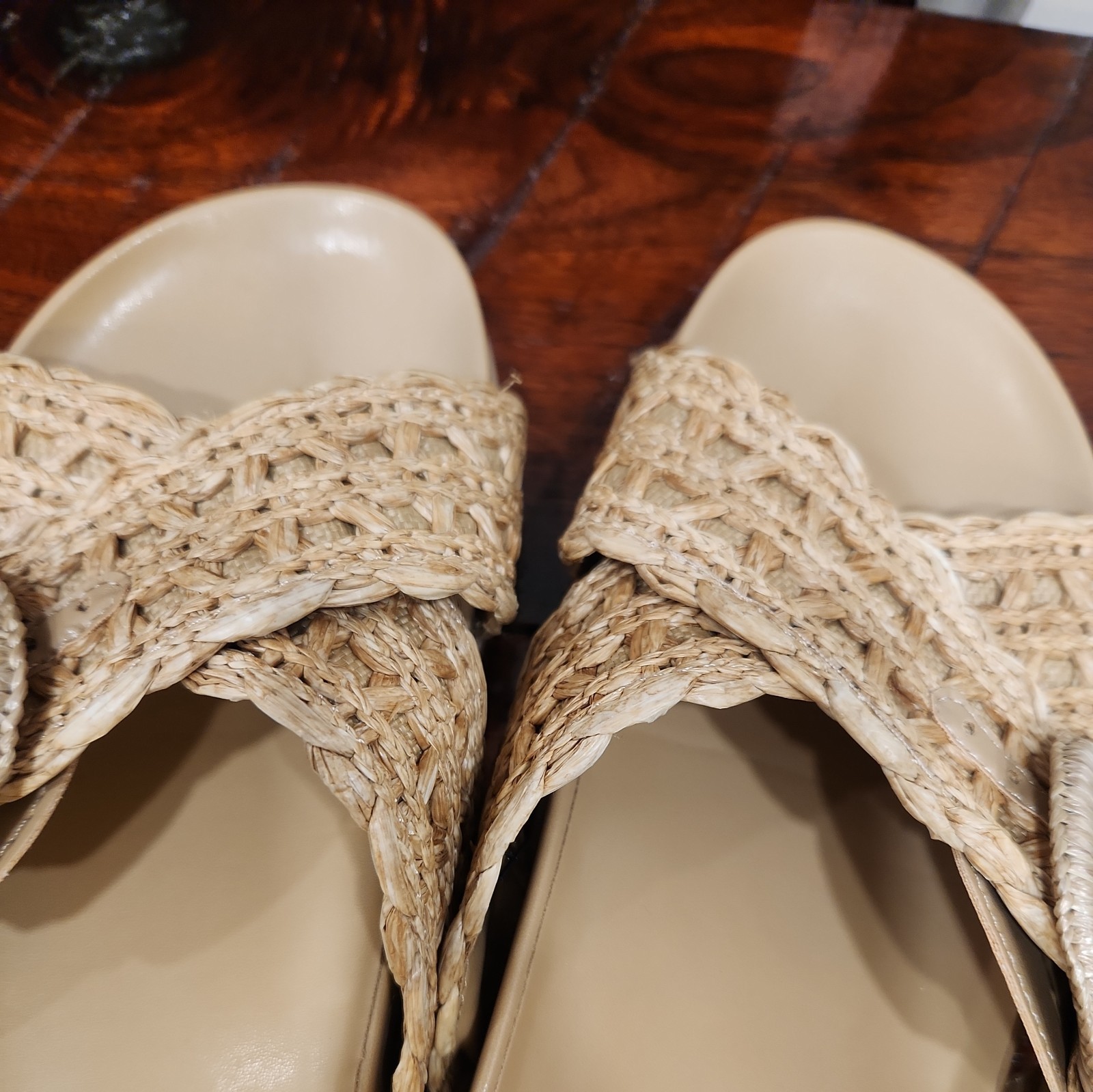 Marc Fisher Welti Sandals Slip On Slide Platform Wedge Tan Straw Buckle 8.5