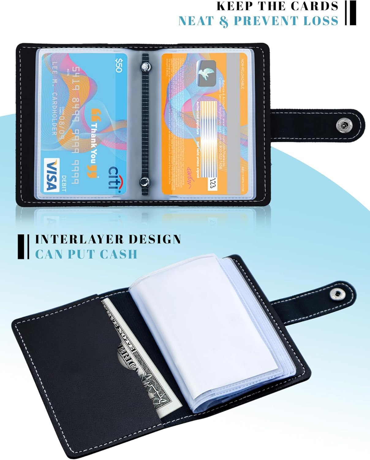 RFID Blocking Leather Business Card Holder with 26 Slots and Snap Closure