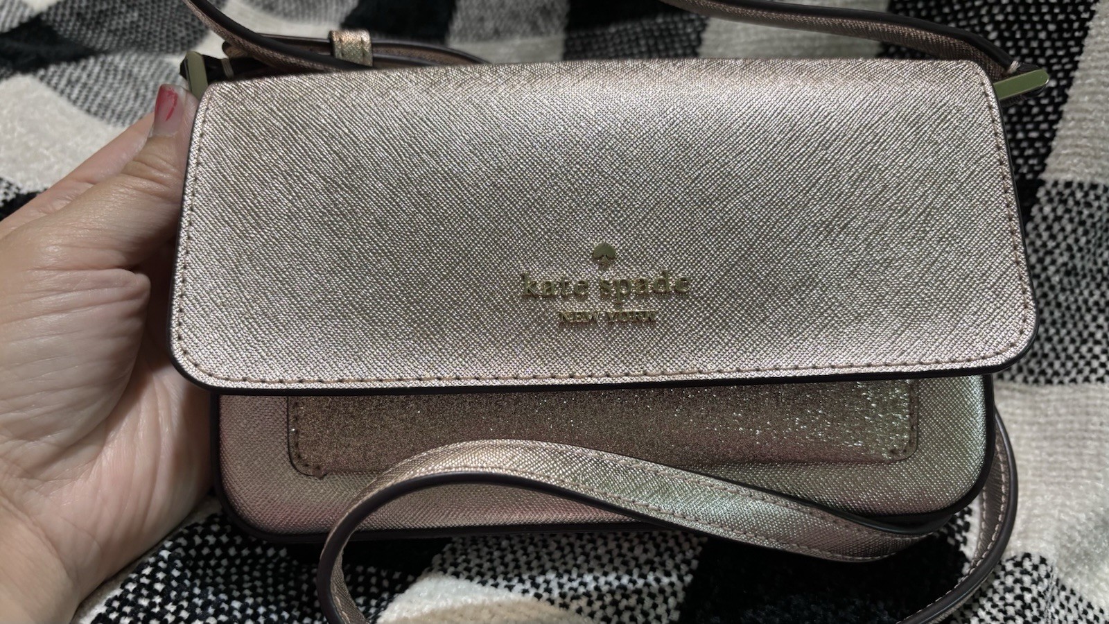kate spade new york Gold Metallic Glitter Small Crossbody Bag, Strap, Coin Purse