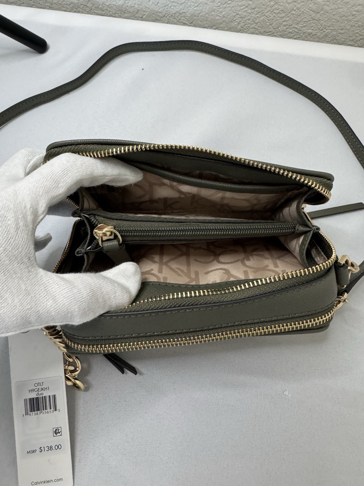Calvin Klein Marybelle Signature Double Zip Organizational Crossbody bag Khaki