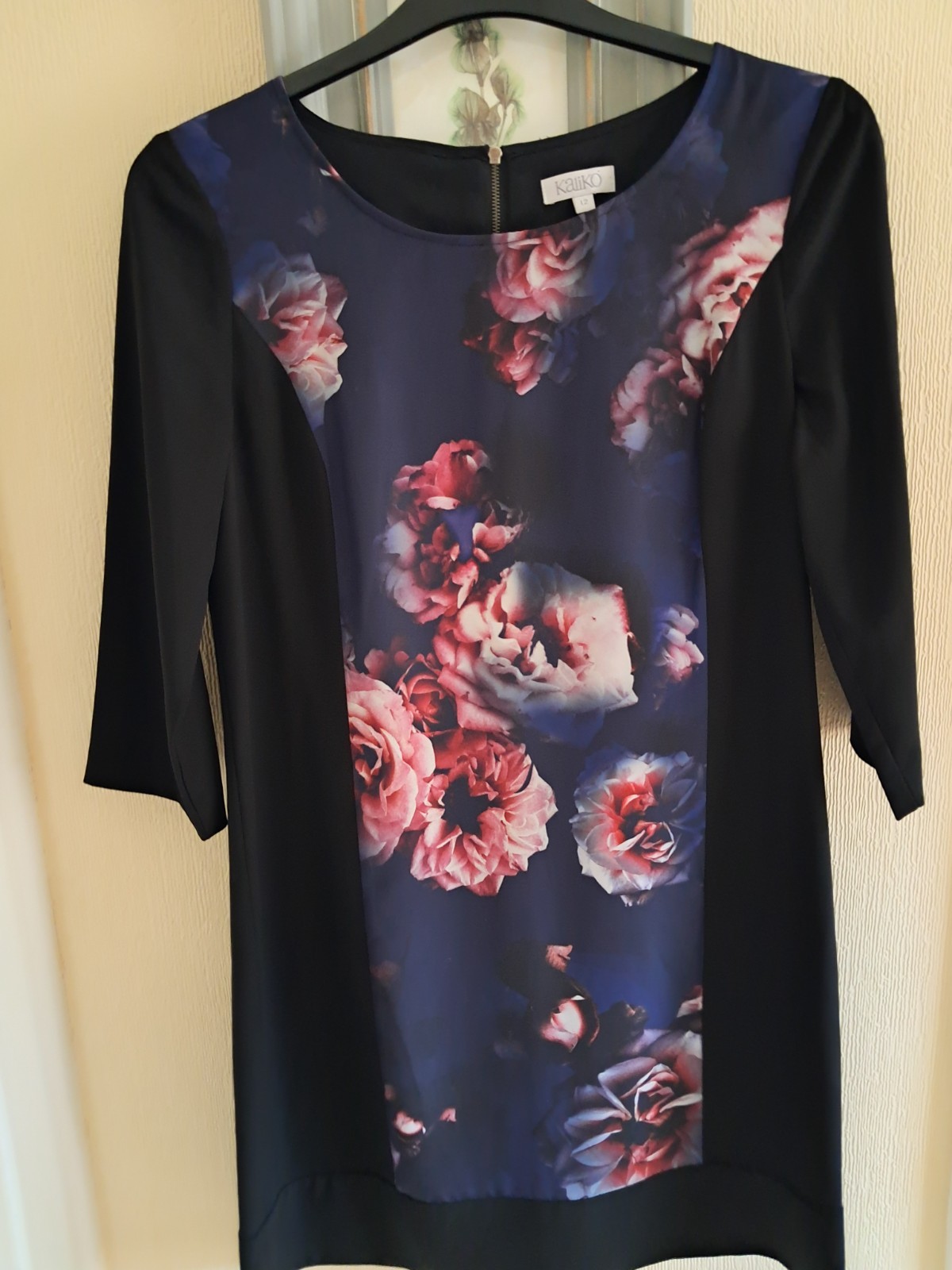 Kaliko black navy ivory pink floral panel tunic dress. UK 12. New