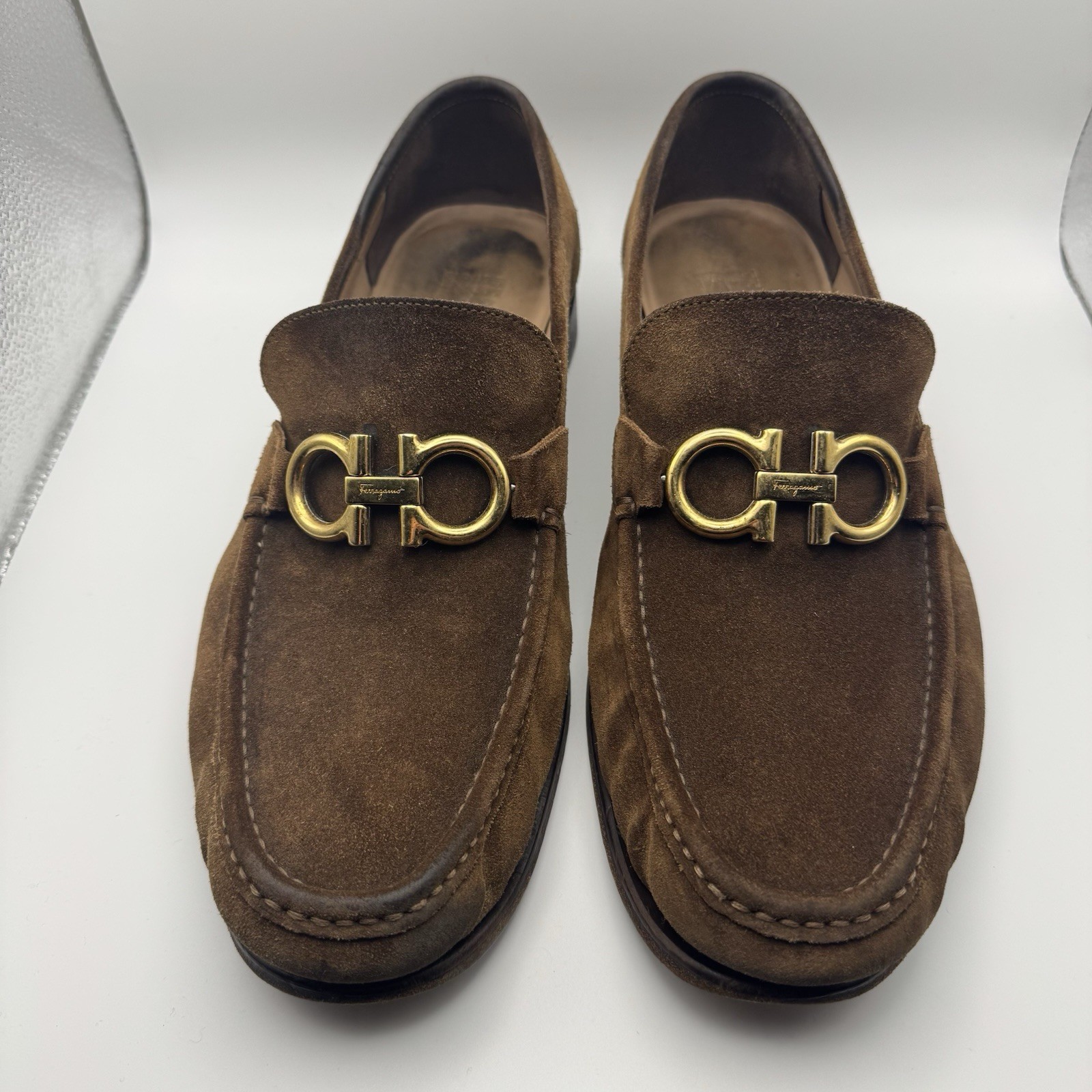 Salvatore Ferragamo Rolo Gancini Loafers Brown Calf Leather Suede 12 EEE Italy