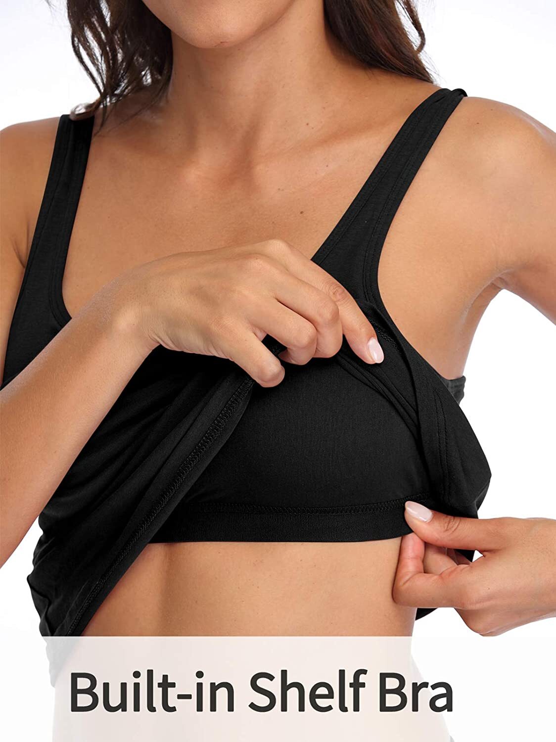 Women Comfort Tank Top with Shelf Bra Basic Layer Wide Strap Soft Gym Undershirt