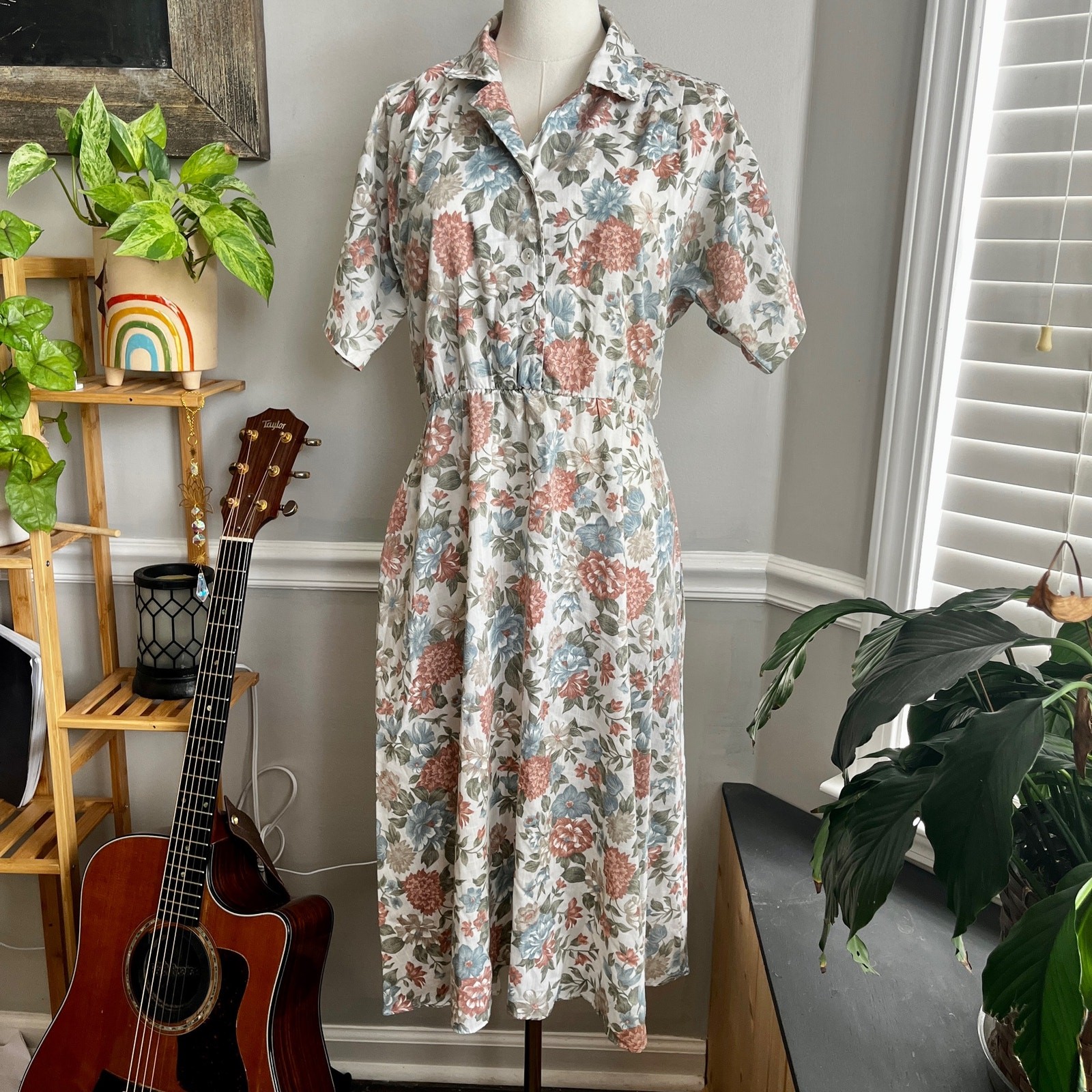 Vintage 90s Collared Dress Neutral Mauve Blue Floral Bohemian Size Medium
