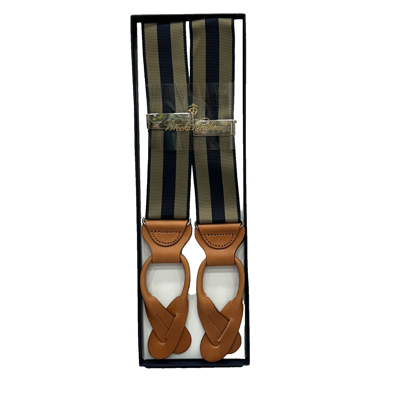 NEW Brooks Brothers Suspenders Braces Navy Tan Stripe Nylon Leather Adjustable