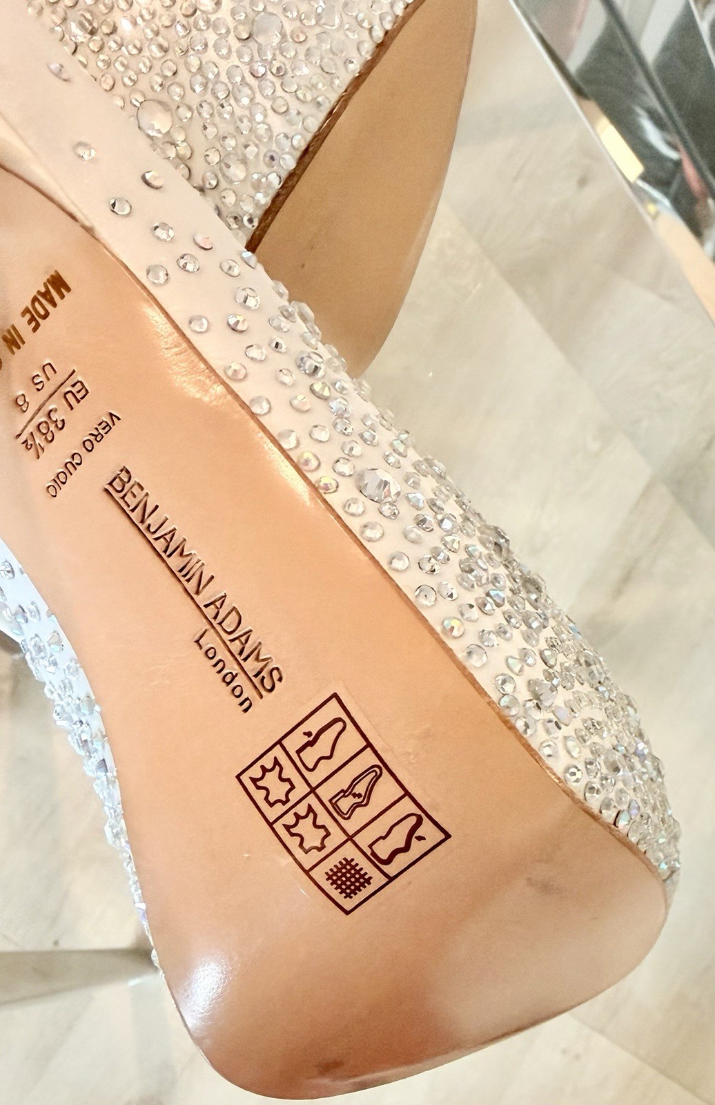 Benjamin Adams London ‘Vero Cuoio’ Crystal Heels – Satin Peep-Toe, Size 8