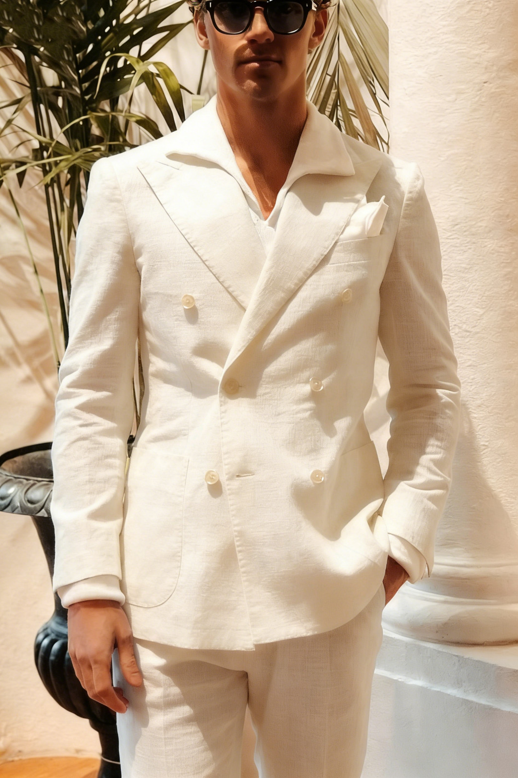 Men Suits for Summer Eventing Tuxedo Wide Peak Lapel Linen 2 Pcs Blazers Pants